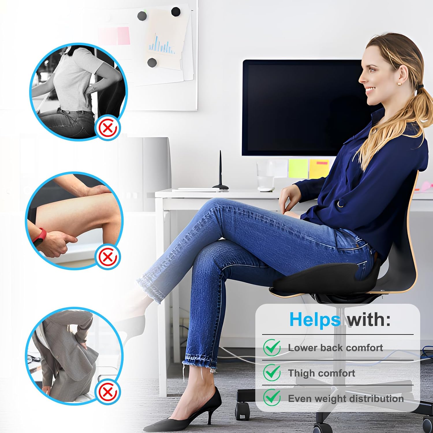 Ergonomisches Sitzkissen für Bürostuhl, Memory-Schaum-Sitzkissen mit Druckentlastung und rutschfester Unterseite, ideal für Heimbüro, Büro und Gaming – Bild 7