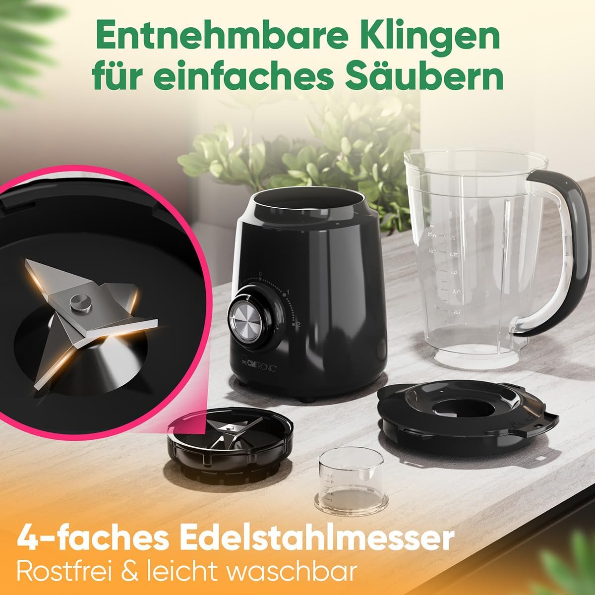 Clatronic UM 3845 Standmixer, 500 W, BPA-frei, 4-Wege-Edelstahlmesser, rostfrei, 1,5 l, Smoothie-Maker, Eis-Crush-Funktion, 3 Stufen, Turbo-Funktion, Deckel mit Nachfüllöffnung – Bild 4