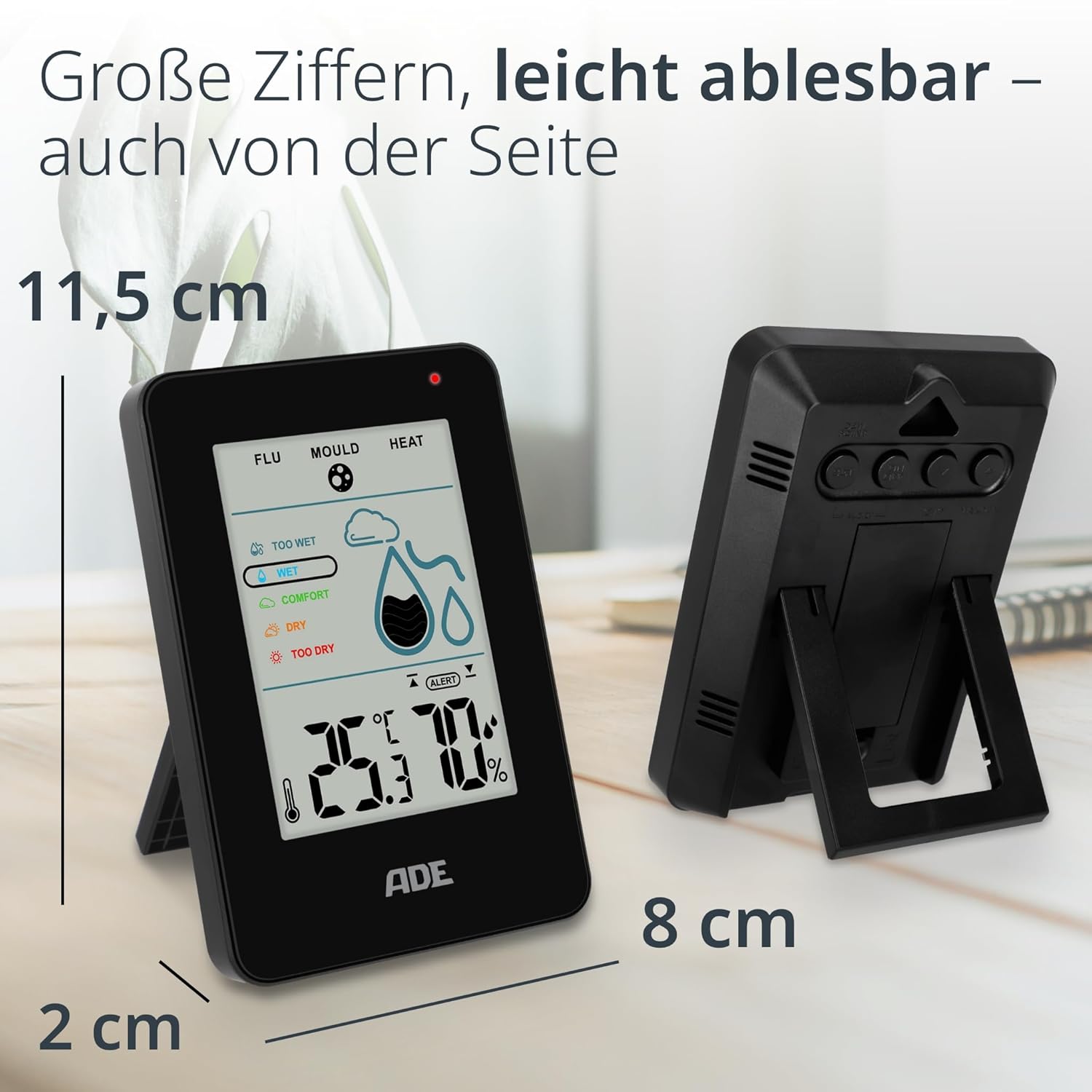 ADE Digitales Hygrometer für den Innenbereich mit Schimmelalarm | Feuchtigkeitsmesser mit Thermometer | Großes LCD-Display | Schwarz – Bild 6