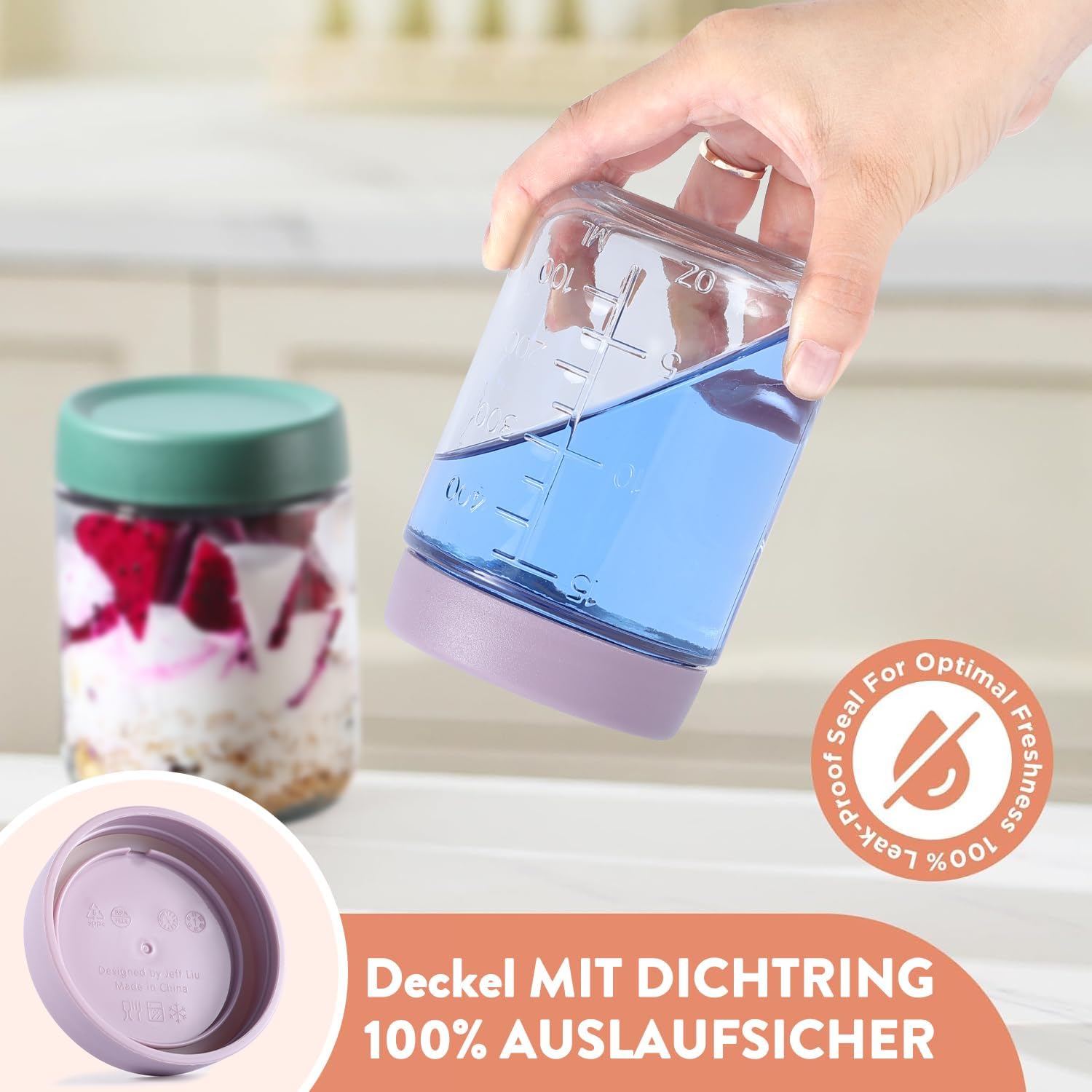 6er-Pack Overnight-Oats-Gläser, 500 ml, Meal-Prep-Behälter aus Glas mit Messskala, luftdicht & auslaufsicher, spülmaschinenfest, für Frühstücksjoghurt – Bild 5