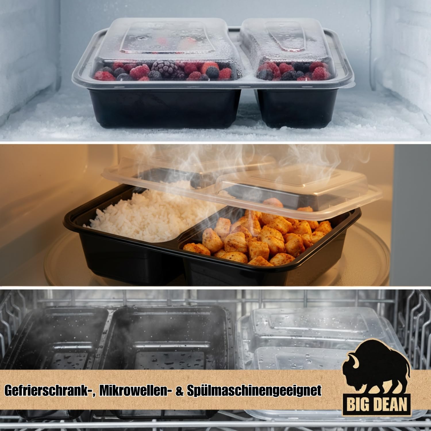BigDean Packung mit 10 wiederverwendbaren Meal-Prep-Boxen mit Deckel und 2 Fächern – robuste Meal-Prep-Boxen, stapelbare Meal-Prep-Dosen und Lebensmittelbox – mikrowellen-, gefrier- und spülmaschinenfest – Bild 7