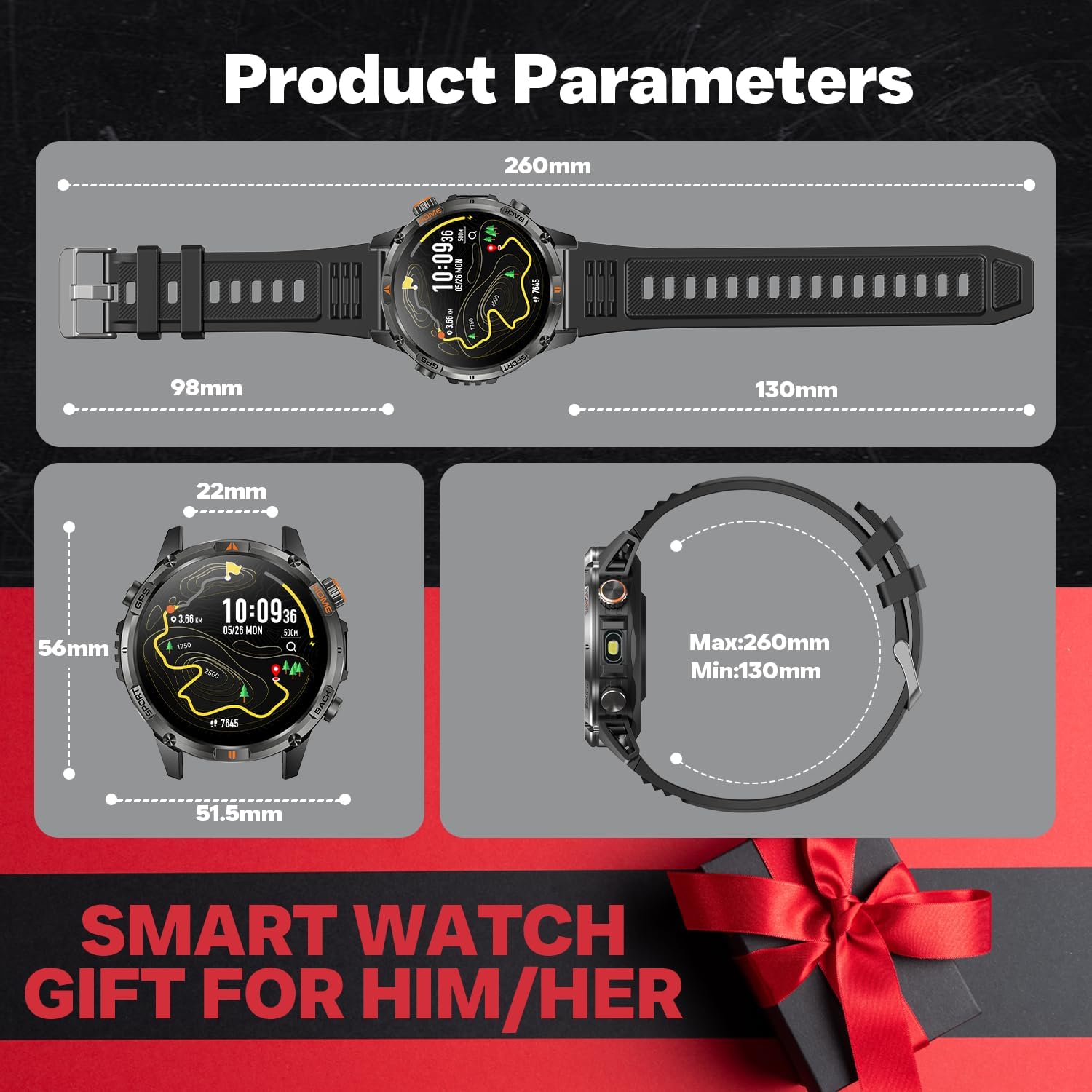 GPS-Smartwatch für Herren, Militäruhr: 1,46 Zoll Fitness-Tracker, 580 mAh, Smartwatch, IP68, wasserdicht, Fitnessuhr mit Schrittzähler, Herzfrequenzmesser, Blutdruck, Telefonfunktion, Digitaluhr für iOS – Bild 8