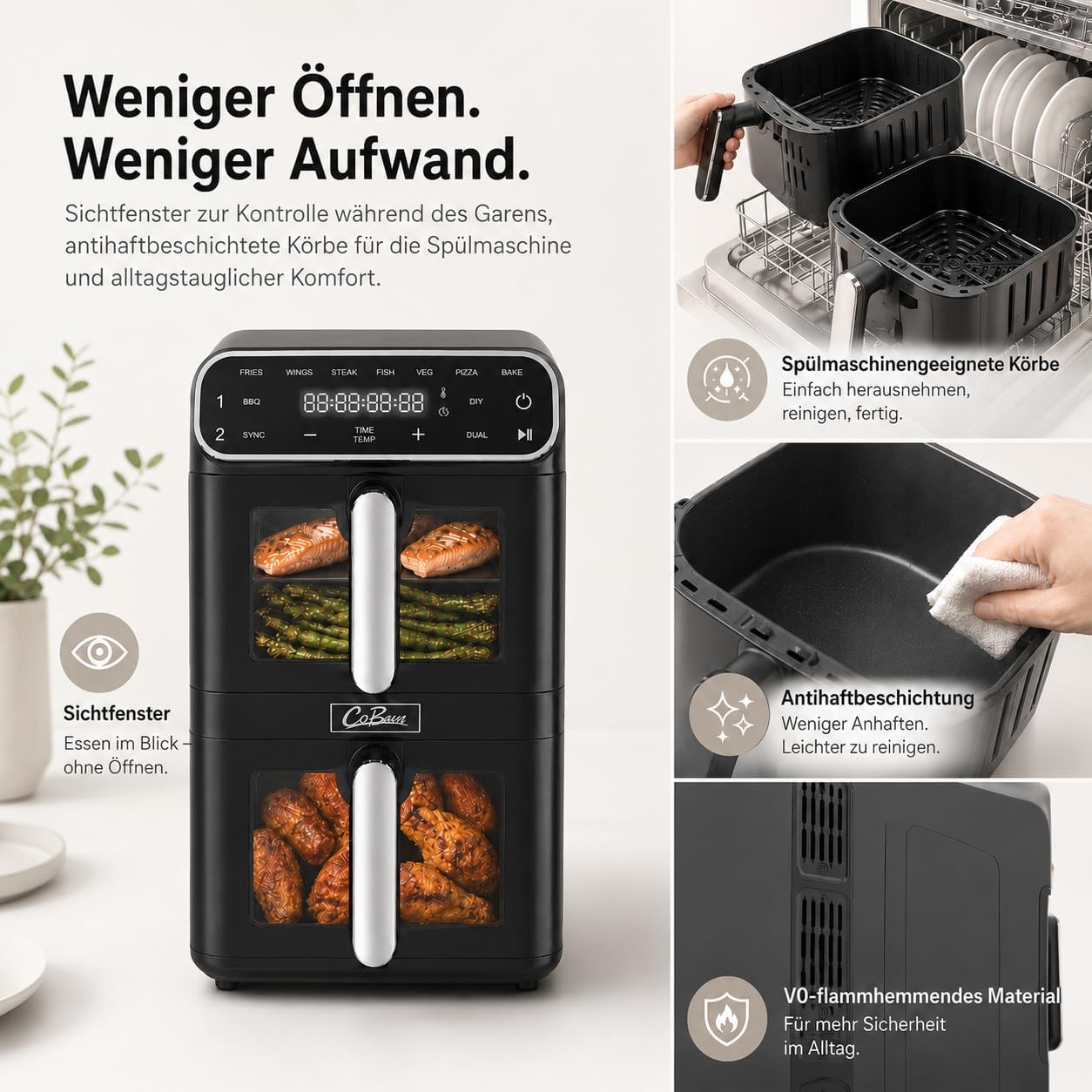 Heißluftfritteuse, 2 Kammern, 11 l, 2 x 5,5 l Airfryer Double Stack mit Sichtfenster, SYNC & DUAL, 9 Programme inklusive DIY, schwer entflammbares V0-Material, 2460 W, spülmaschinenfest – Bild 6