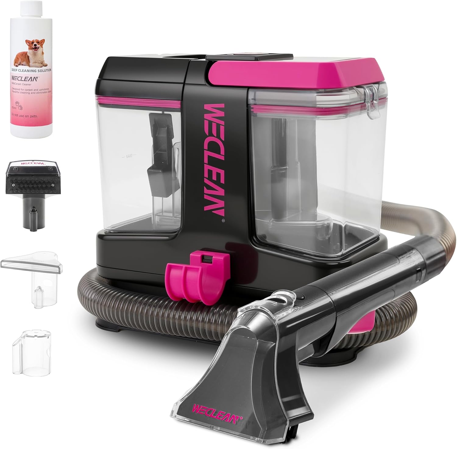 WECLEAN Staubsauger für Teppiche und Polster, tragbarer Nass- und Trockensauger mit 350-W-Motor und 2-Tank-System, ideal für Auto, Couch und hartnäckige Flecken, Schwarz und Rosa