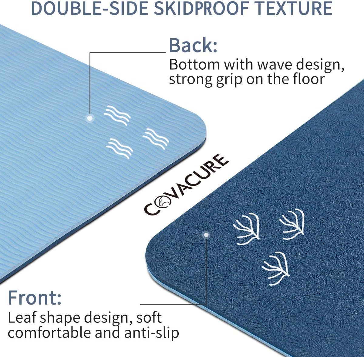 Covacure Matte für Yoga, Pilates, Gymnastik, Sport, Fitness, TPE, rutschfest, leicht, langlebig, mit Tragegurt, 183 x 66 x 0,6 cm, Blau – Bild 4