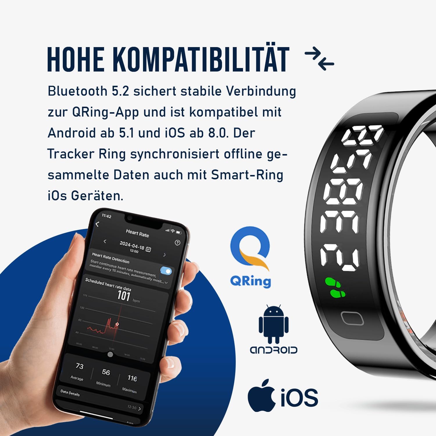 Fontastic Divo Smart Ring mit Display, Fitnessring mit Schlaftracker, Schrittzähler, Herzfrequenz- und Blutsauerstoffmessung, 1ATM wasserdicht, kabellose Ladestation, Fitnessring Android kompatibel – Bild 6
