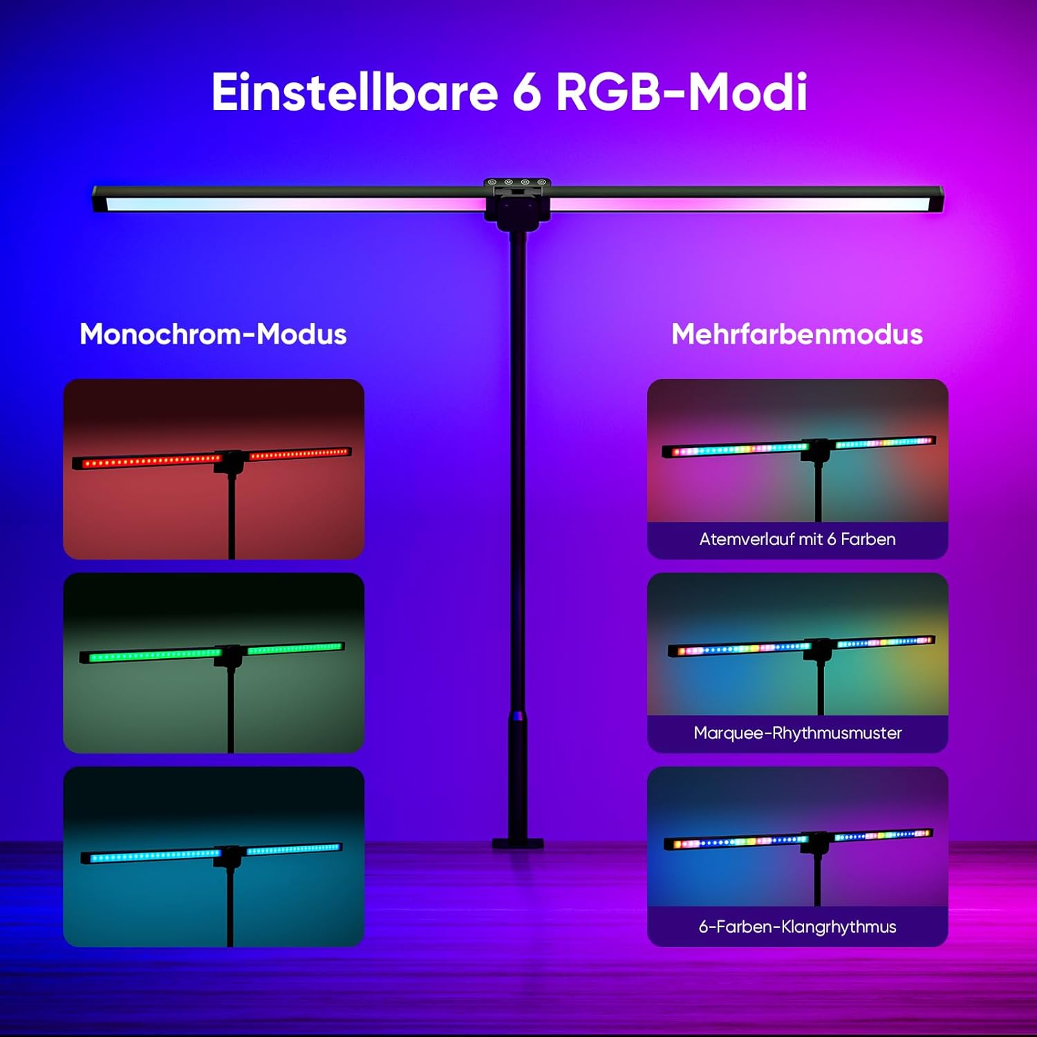 vatato Doppelkopf-LED-Schreibtischlampe mit RGB, 24 W dimmbare Schreibtischlampe mit Fernbedienungen, klemmbare Tageslichtlampe mit stufenloser Dimmung und Farbe, Büro-Tischlampe für Zuhause und Büro (schwarz) – Bild 4