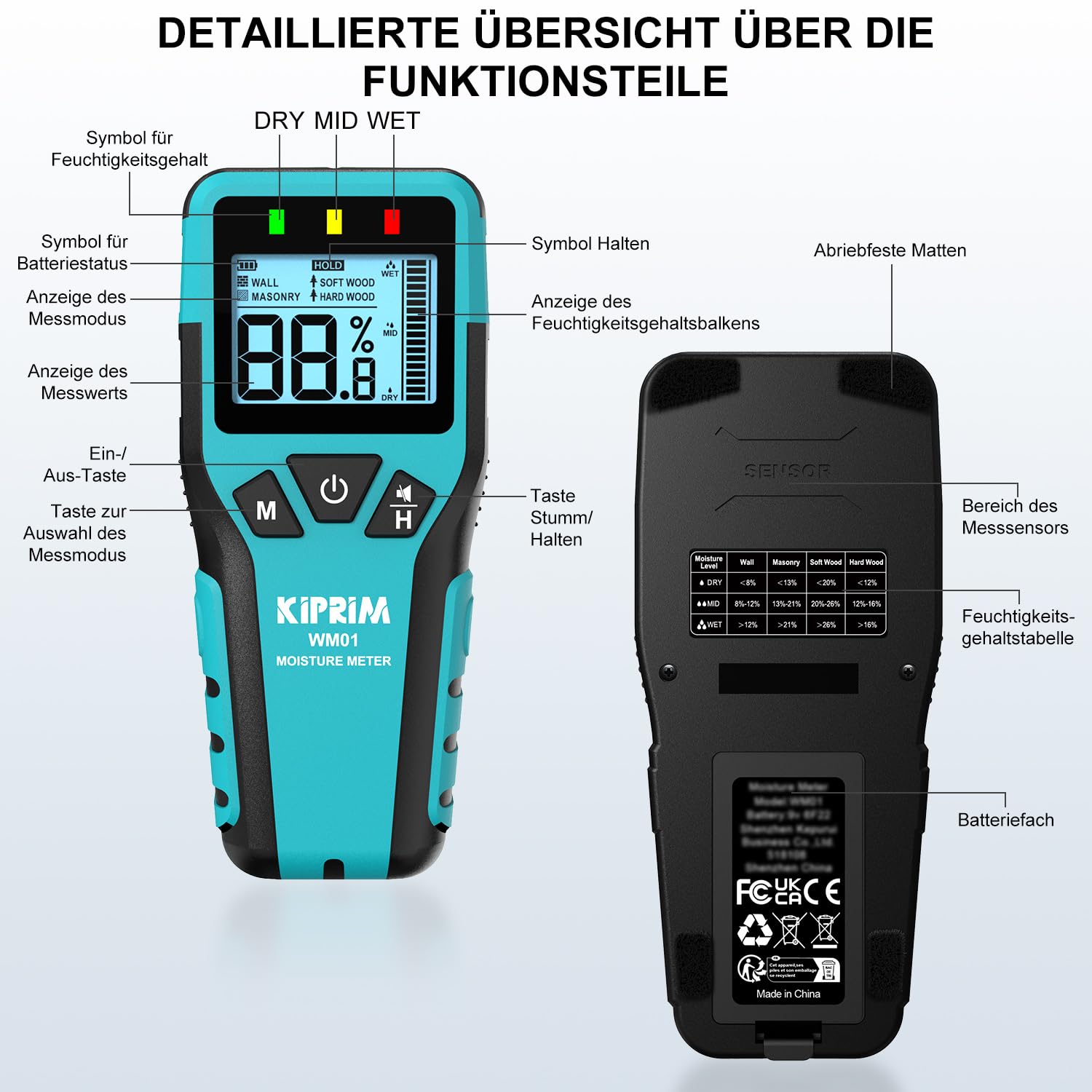 Kiprim WM01 Pinless Wandfeuchtemessgerät für Holz, Wände, Mauerwerk – Präzise zerstörungsfreie Messung mit 4 Modi, Datenspeicherung und Stummschaltung – Bild 6