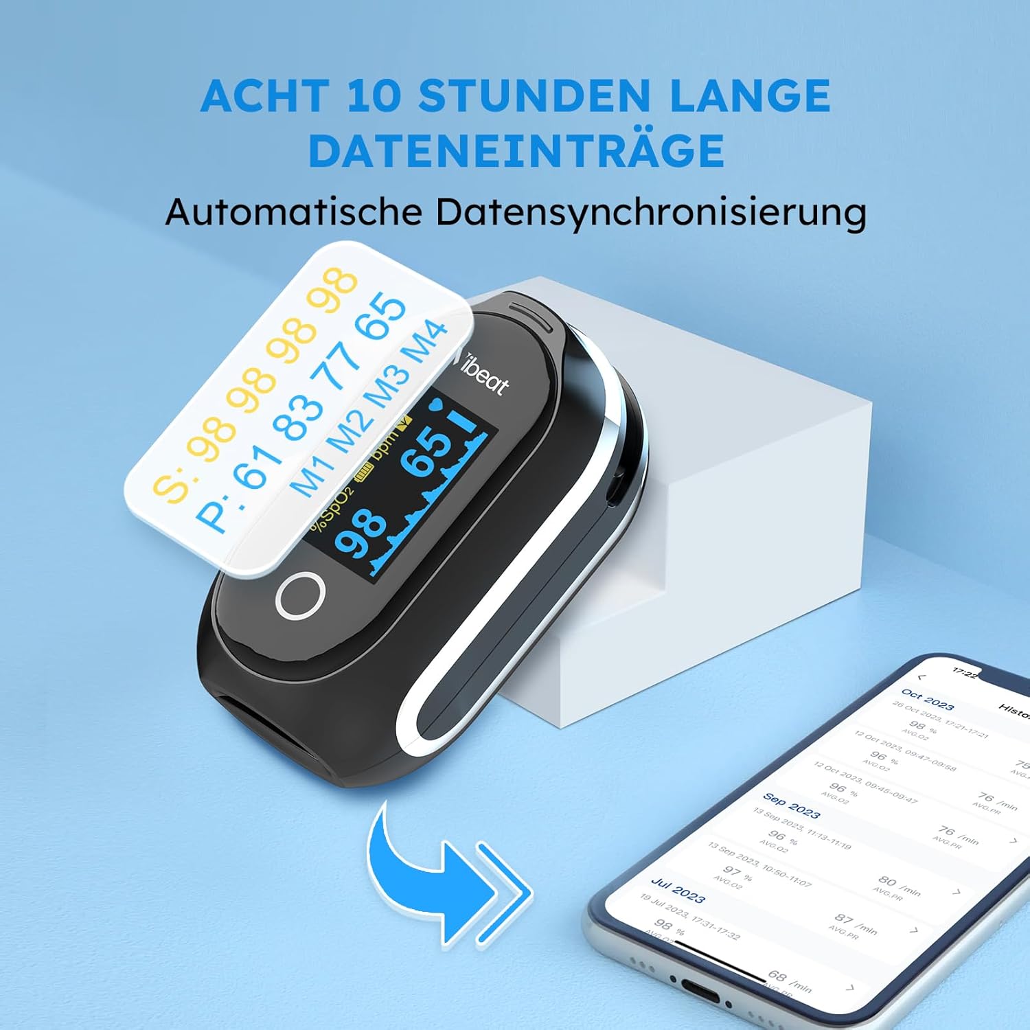 Vibeat Sleep Bluetooth-Pulsoximeter mit kontinuierlichem Modus, wiederaufladbares Sauerstoffsättigungsmessgerät für Finger mit 8 x 10 Stunden Datenaufzeichnung, Blutsauerstoffmessgerät Finger mit automatischer Datensynchronisation – Bild 4