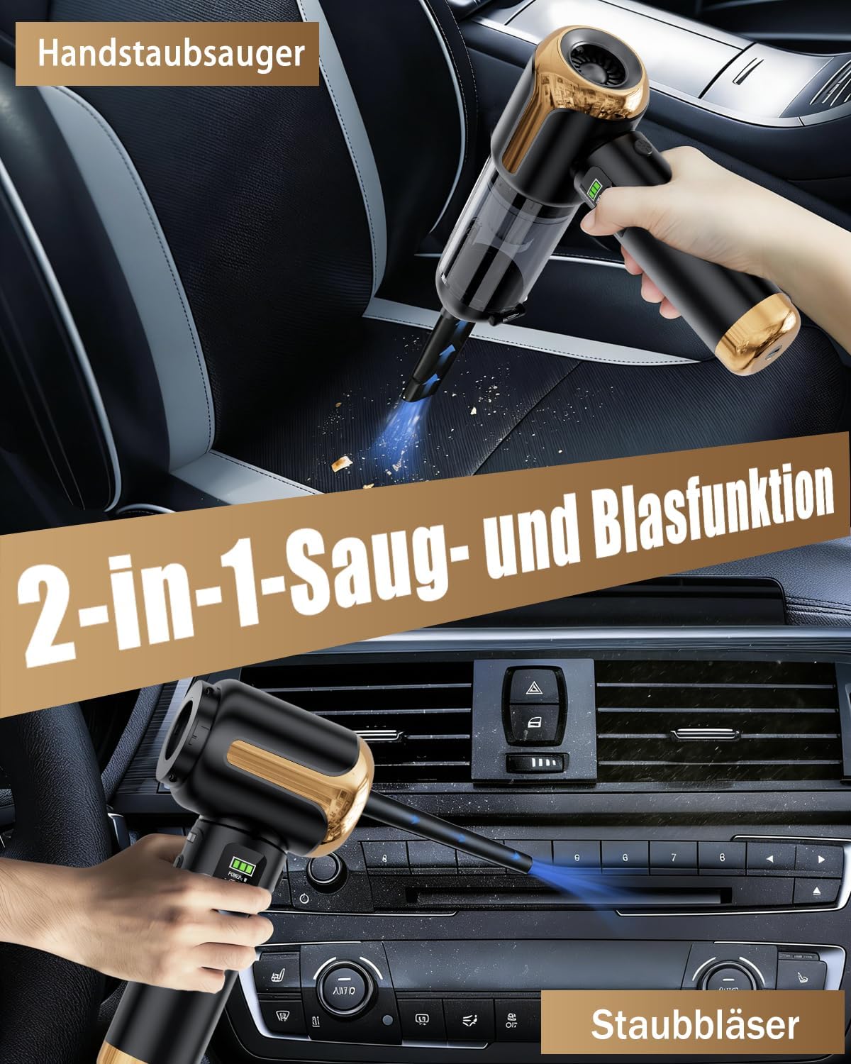Handstaubsauger Akku kabellos, Autostaubsauger 27000Pa Mini-Staubsauger, wiederaufladbar, tragbar, leicht, Autostaubsauger stark, 220.000 U/min, elektrischer Staubbläser für Auto, Küche, PC, Sofa, Büro, Schwarz – Bild 3
