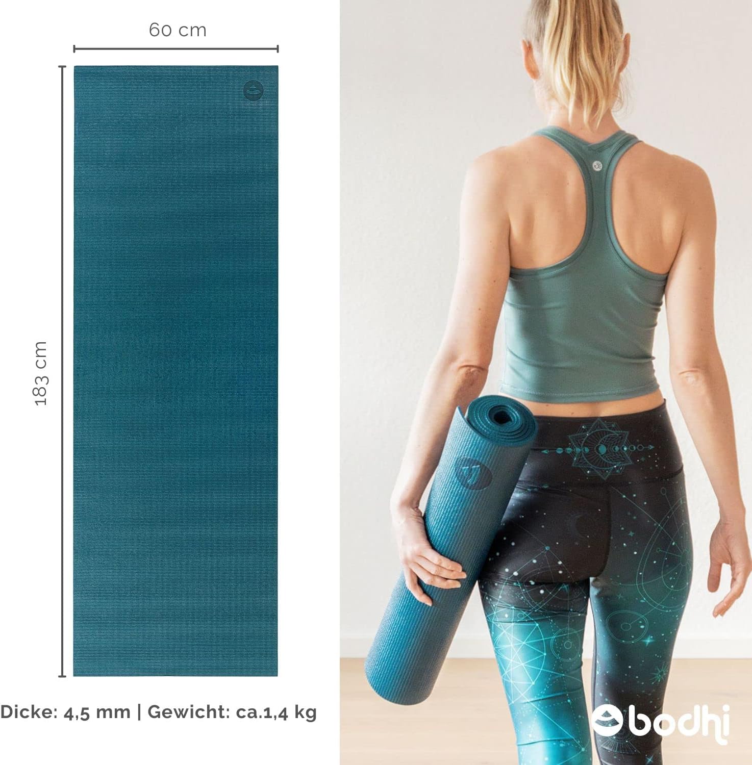 Bodhi Yogamatte Asana, rutschfeste Trainingsmatte, ungiftig & waschbar, PVC-Matte, Fitnessmatte für Yoga, Pilates und Gymnastik, rutschfeste Matte für Ihre Yoga-Praxis, Mattenstärke 4,5 mm – Bild 5