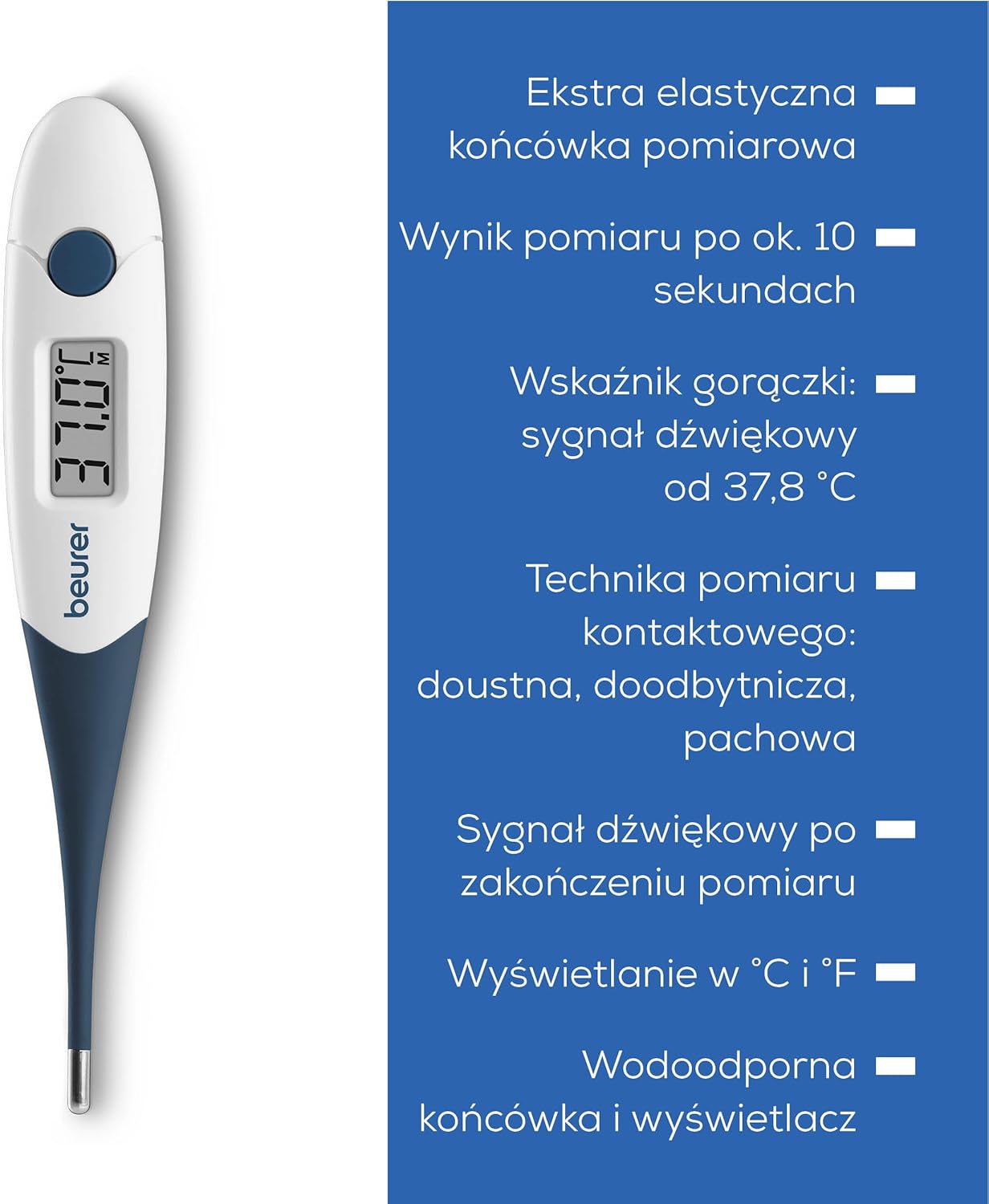 Beurer FT 17 Digitales Fieberthermometer mit flexibler Spitze für orale, rektale und axilläre Messung, Ergebnis in 10 Sekunden, Fieberanzeige für Babys, Kinder und Erwachsene, blau/weiß – Bild 6