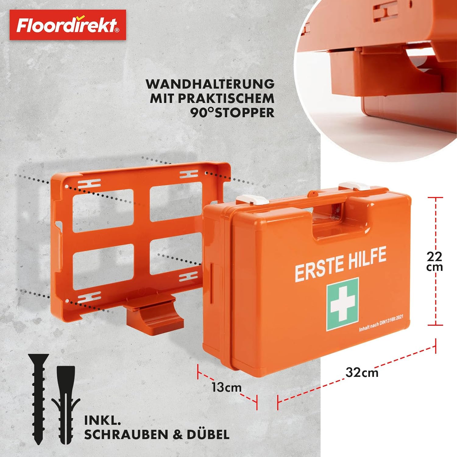 KARAT Mittelgroßer Erste-Hilfe-Kasten für Gewerbe & Haushalt DIN 13169:2021 gefüllt inkl. Wandhalterung | 1 Erste-Hilfe-Set für Büro und Gastronomie, Notfallbox für bis zu 100 Mitarbeiter (32 x 22 x 13 cm) – Bild 8