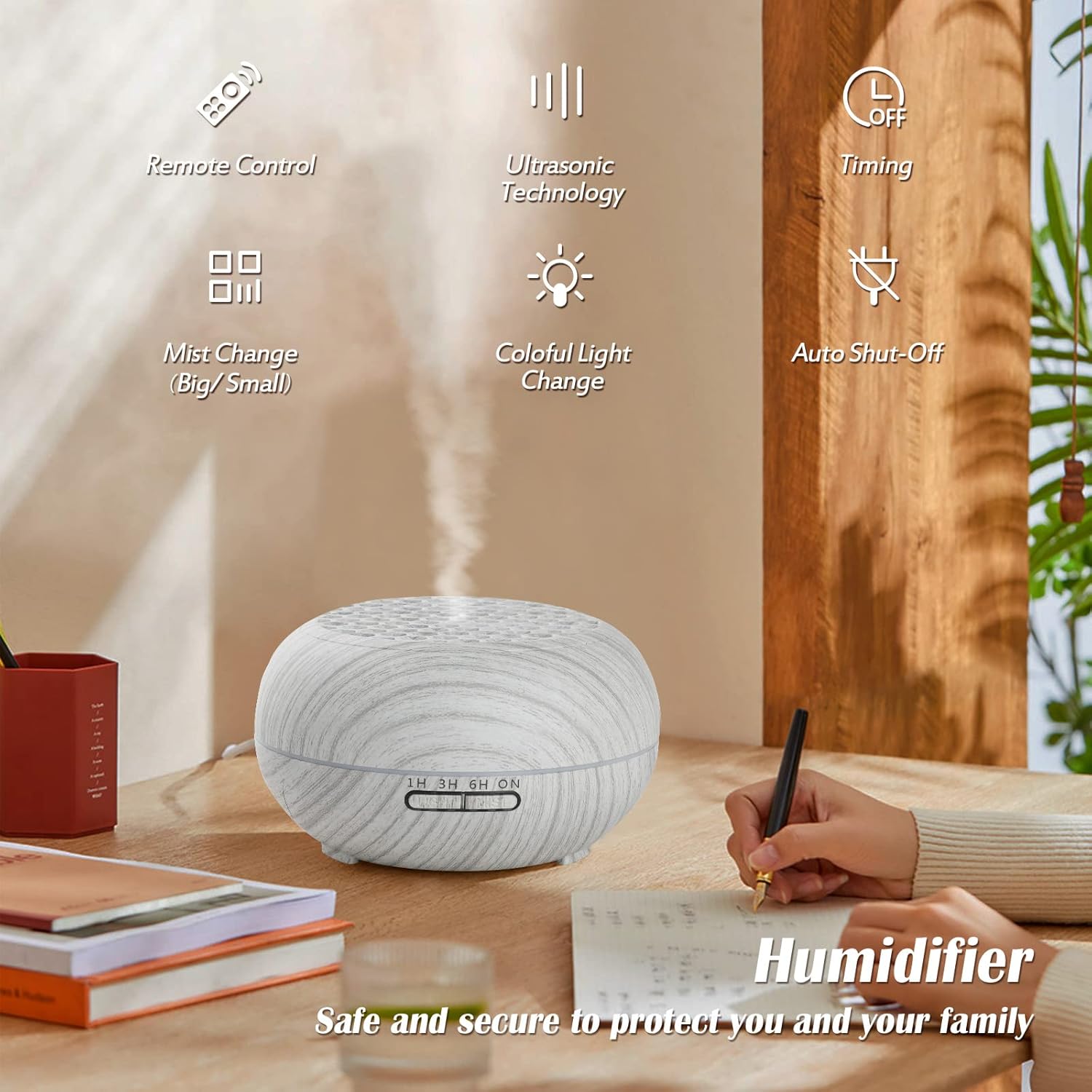 Simpeak Aroma Diffuser 550 ml, Ultraschall-Raumdiffusor Holz für ätherische Öle, Aromatherapie-Düfte, Luftbefeuchter mit Fernbedienung, Weiß – Bild 2