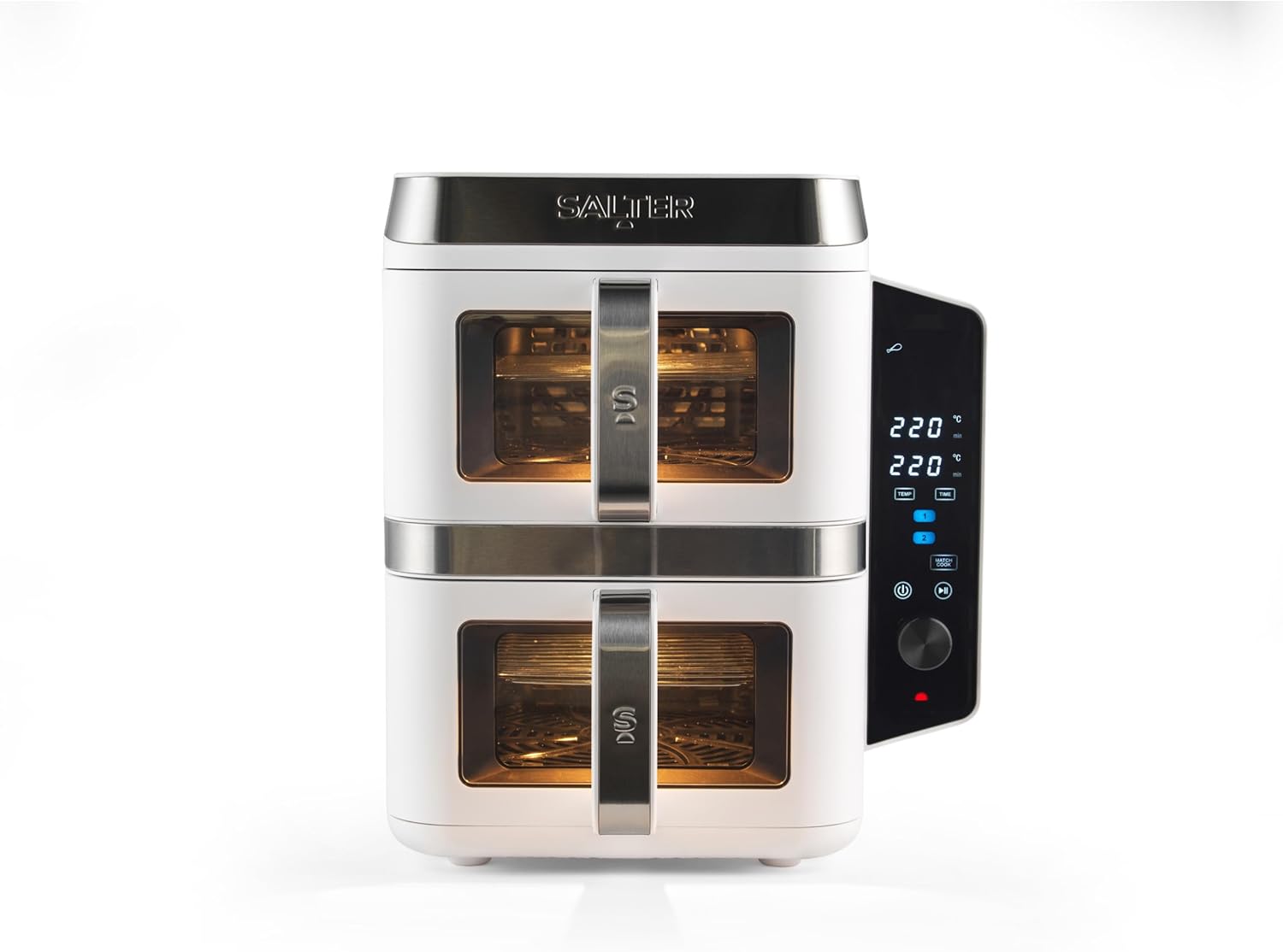 Salter VertiCook View Heißluftfritteuse – vertikale Doppelschublade, Kochen auf 4 Ebenen, XL 9 l Fassungsvermögen – 2 x 4,5 l Körbe, 2 Schubladen und 2 Gestelle, platzsparend, 12 Funktionen, Sync & Match, PFAS-frei, Weiß – Bild 8