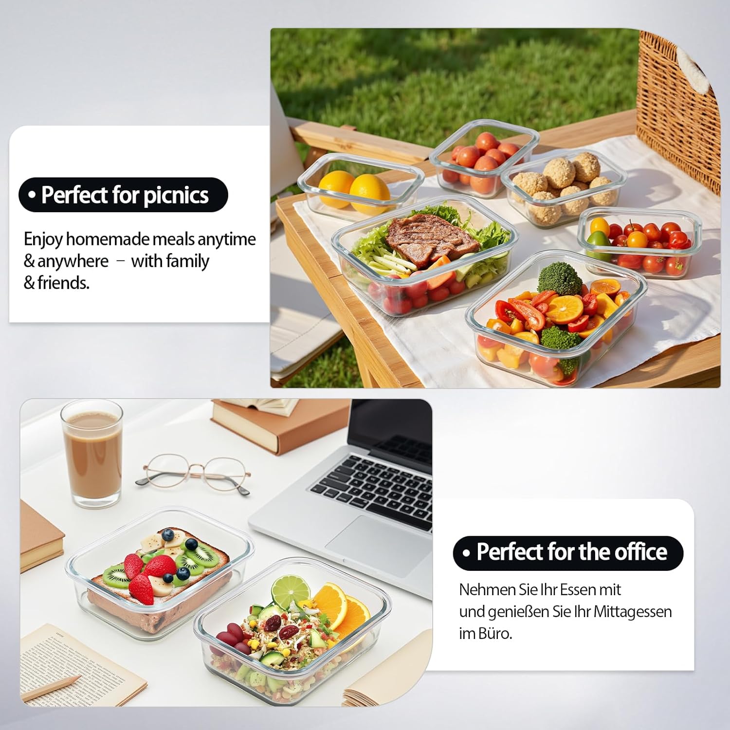 Frischhaltedosen-Set aus Glas, Meal-Prep-Boxen, Glasbehälter mit Deckel, Lebensmittelbehälter, Lunchbox, spülmaschinenfest, mikrowellen- und gefriergeeignet, auslaufsicher (5 x 1050 ml + 5 x 370 ml) – Bild 7