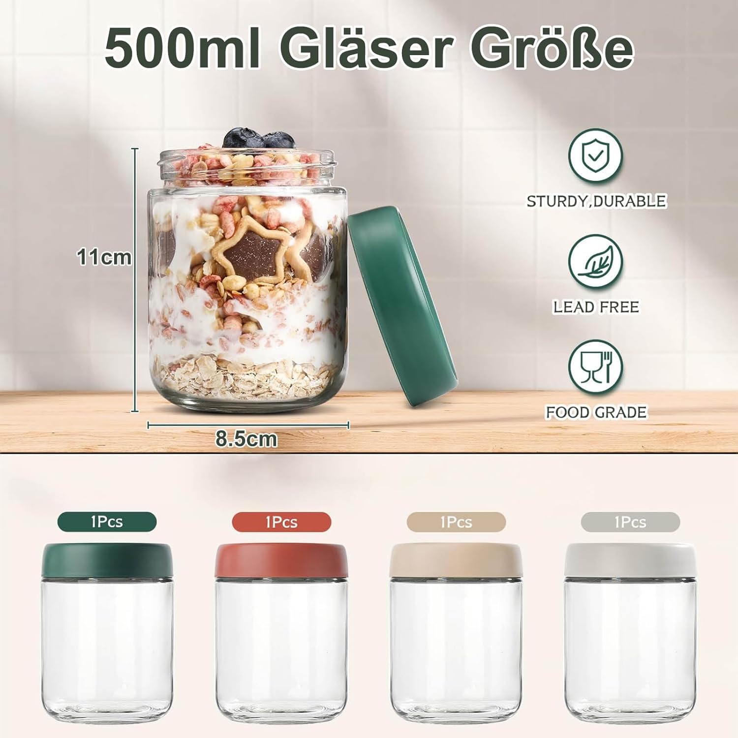 QIMYGIFT Overnight Oats Gläser mit Deckel, 500 ml Einmachgläser mit Schraubdeckel, Meal-Prep-Gläser für hausgemachte Marmelade, Babynahrung, Einlegen, Einkochen, Einmachglas, Sauerteig – Bild 2