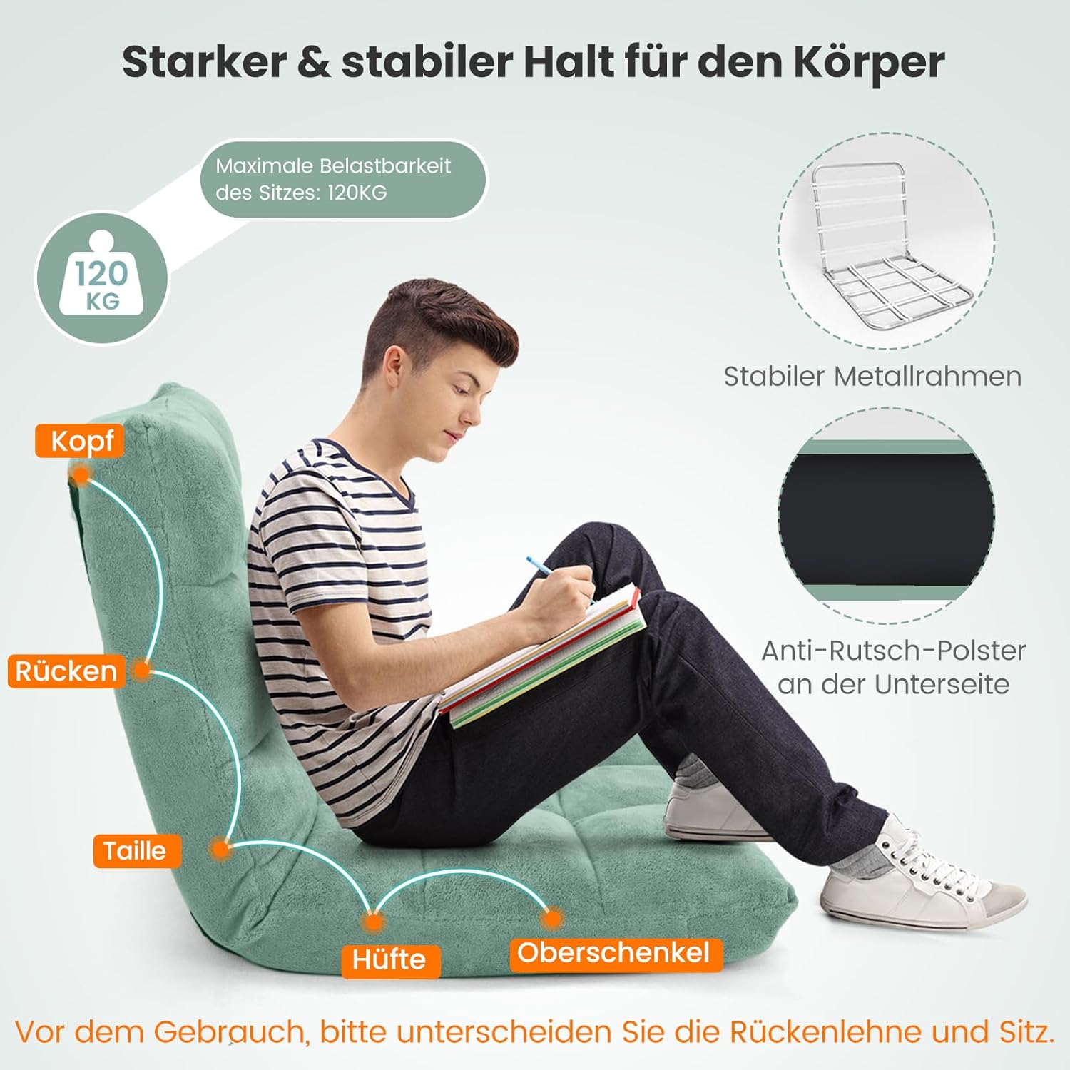 COSTWAY Bodenstuhl mit verstellbarer Rückenlehne, gepolstertes Bodenkissen, faltbares Bodenkissen, Meditationsstuhl, Entspannungsstuhl, Thaikissen für Freizeit, Meditation, Yoga (grün) – Bild 6