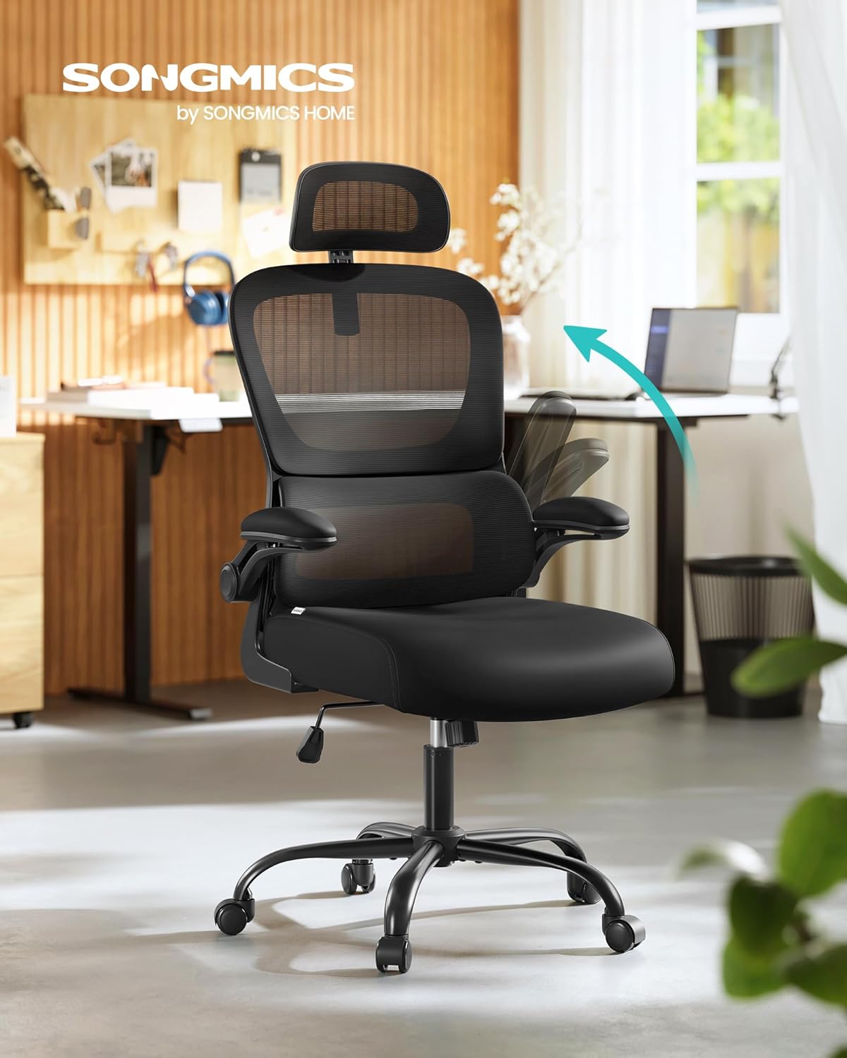 SONGMICS Bürostuhl, Schreibtischstuhl, ergonomischer Netzstuhl, doppellagiges Netzgewebe, atmungsaktiv, adaptive Lordosenstütze, verstellbare Kopfstütze, für das Heimbüro, Tintenschwarz OBN041B01 – Bild 3