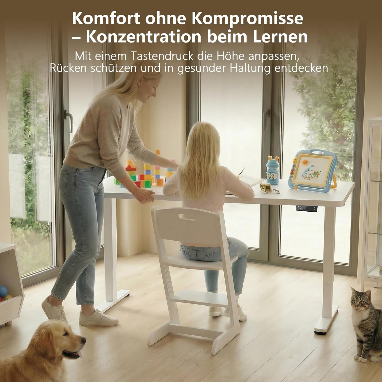 TRIUMPHKEY Höhenverstellbarer Schreibtisch, 160 x 80 cm, elektrischer Stehpult mit Dual-Motor, Touchscreen, USB-A & Kabelmanagement, 25 mm einteilige Tischplatte, ergonomischer Bürotisch, Weiß – Bild 6