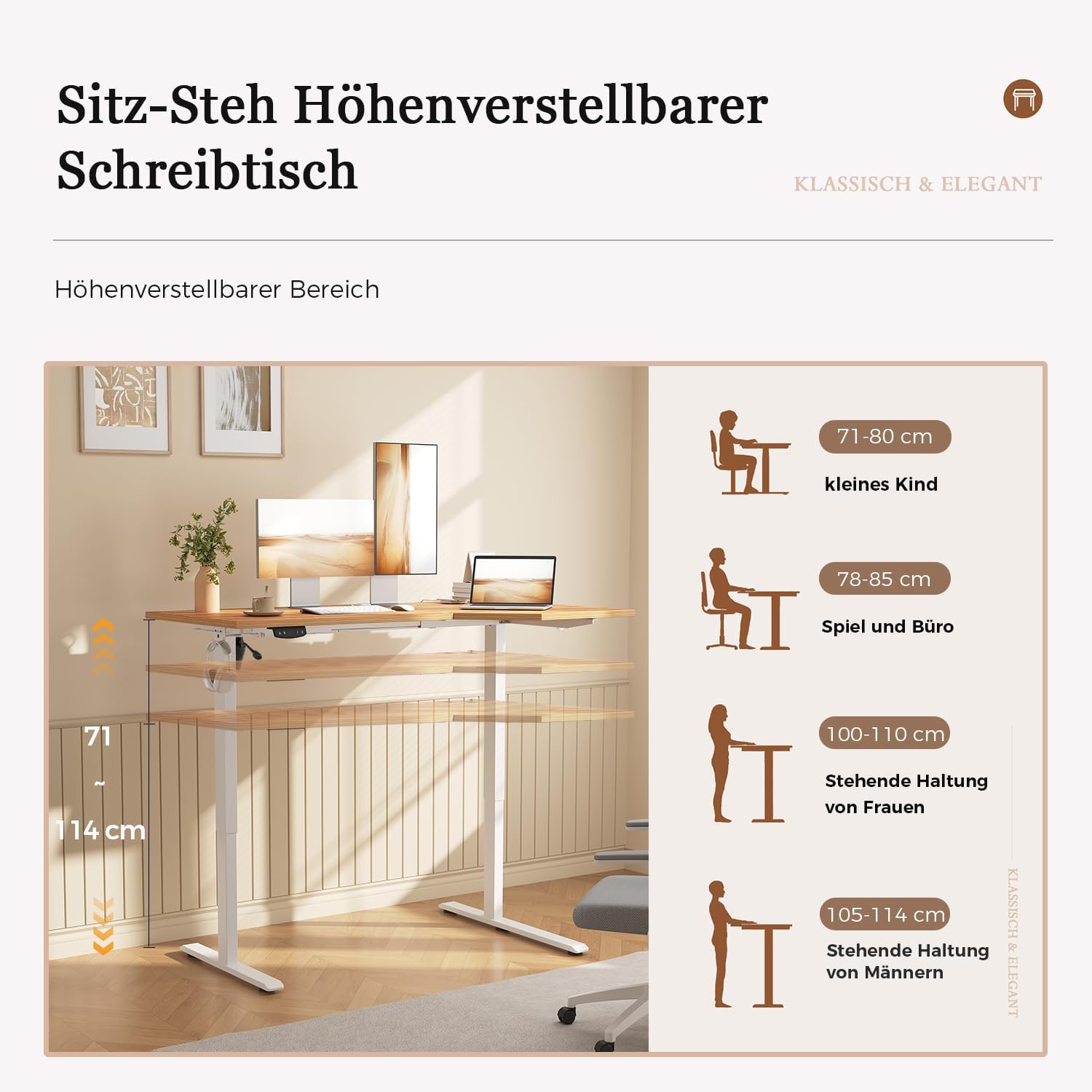 Klicelor Höhenverstellbarer Schreibtisch 160 x 90 cm, elektrischer Stehsitz, Bürotisch, Computertisch mit 2 Memory-Funktionen, Stehpult, für Heimbüro und Büro, hellbraun – Bild 3