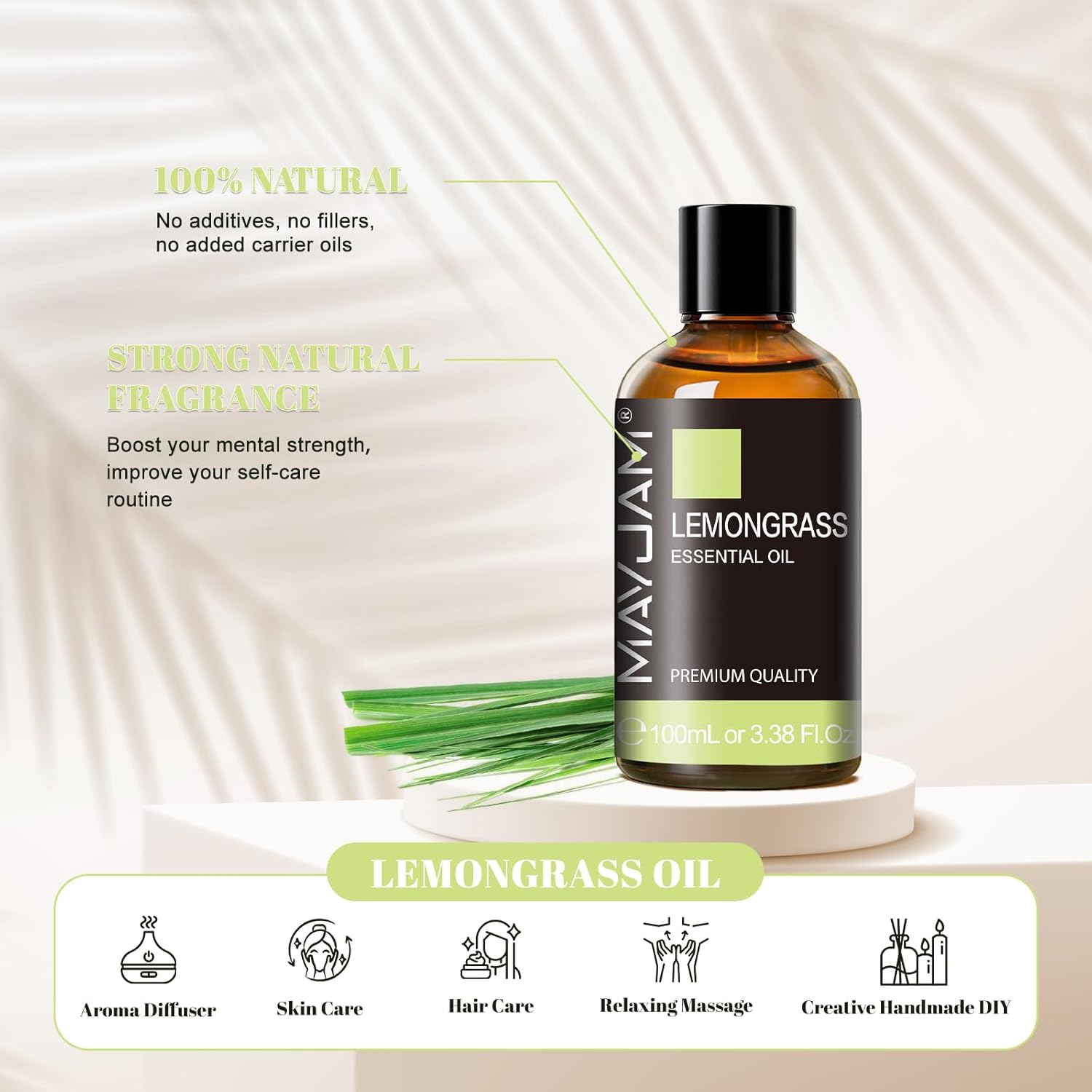 Ätherische Öle Zitronengras 100 ml, MAYJAM Zitronengrasöl 100 % rein, ideal zur Beseitigung von Gerüchen, Aromatherapie-Diffusor, Duftöl, Massage – Bild 2