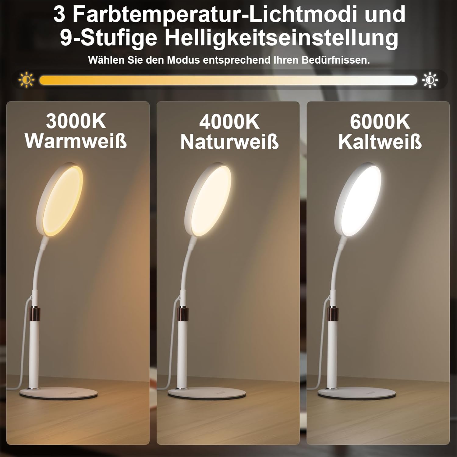 Tageslichtlampe, 10000 Lux, 3 Farbtemperaturen, 9 Helligkeitsstufen und Timer, ideal zum Lesen/Büro/Schlafzimmer (weiß) – Bild 3