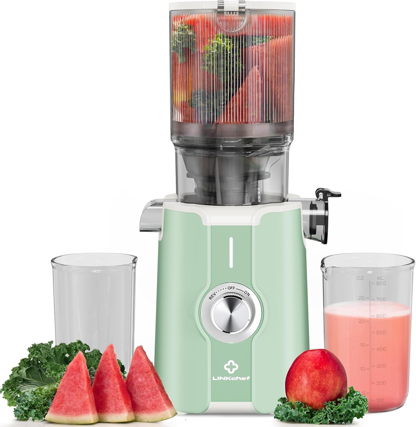LINKChef Slow Juicer, Entsafter Gemüse und Obst, Testsieger mit 115 mm großer Größe für ganze Früchte/Gemüse, Blitzreiniger, einfache Installation, BPA-frei, 200 W, Hellgrün