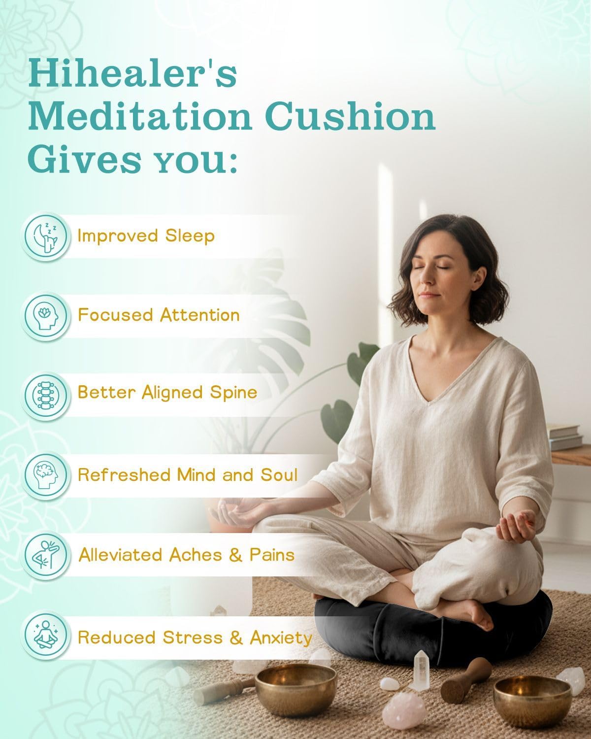 Hihealer Premium-Meditationskissen – bequemes Bodenkissen für Erwachsene, traditionelles Halbmond-Meditationskissen, Yoga, Buchweizen-Nackenrolle (schwarz) – Bild 6