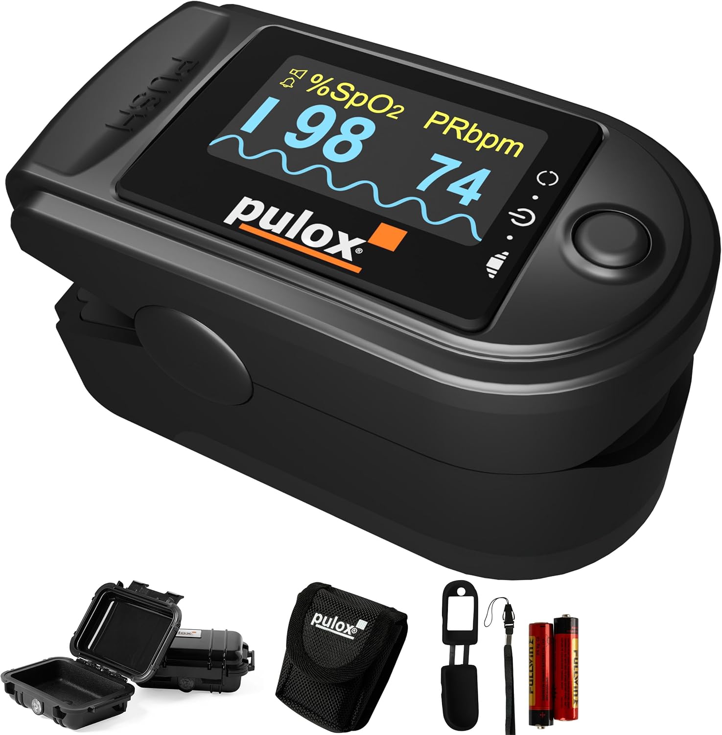 Pulsoximeter PULOX PO-200A mit zuschaltbarer Alarmfunktion und Pulston inkl. Zubehör *Farbauswahl möglich, schwarz