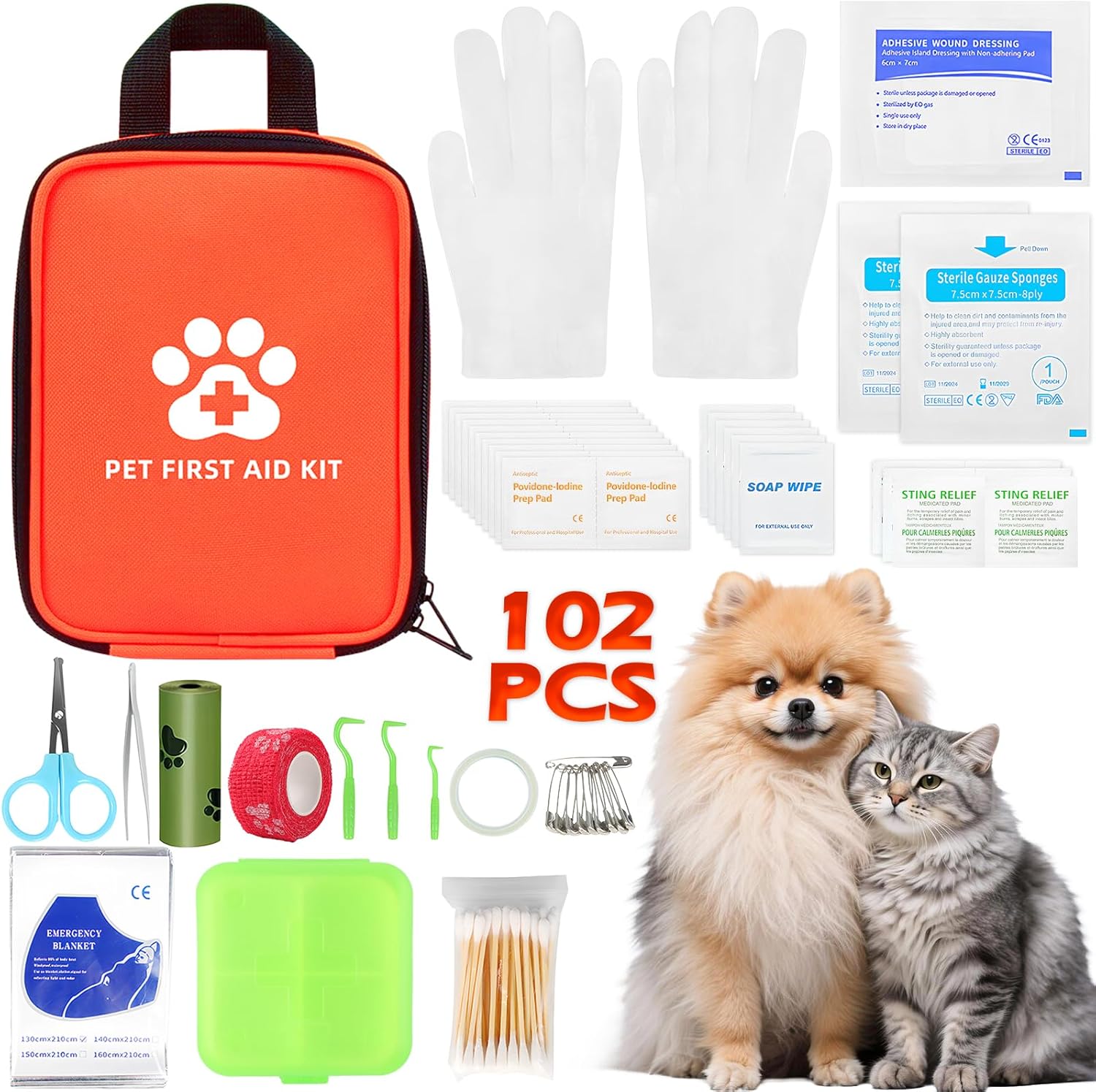 Erste-Hilfe-Set für Hunde und Katzen, 102-teilig, Erste Hilfe für Haustiere mit Zeckenhaken, Pinzette und mehr, kleine Hundeapotheke für Notfälle zu Hause und im Freien, Hunde, Wanderzubehör