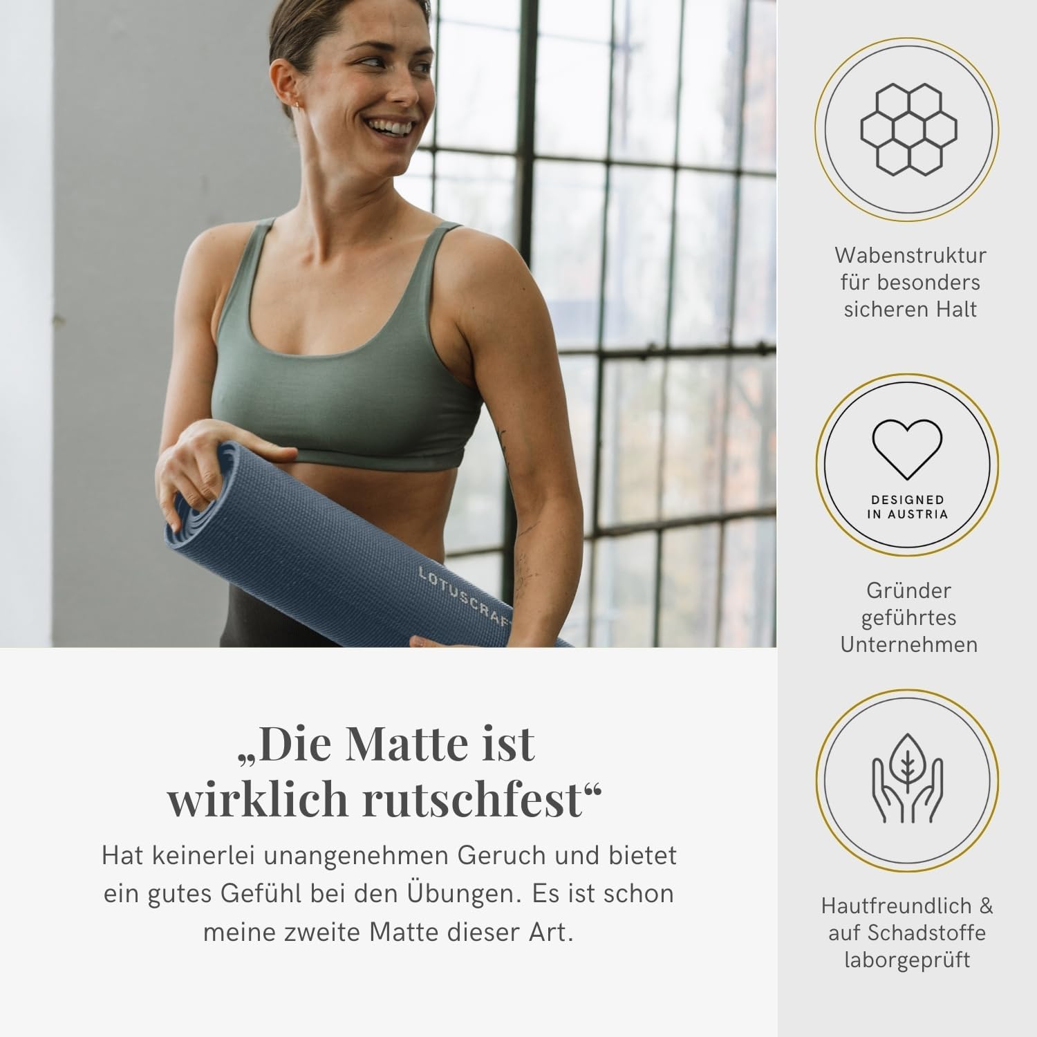 Lotuscrafts Yogamatte, rutschfest, 183 x 61 x 0,5 cm, leichte Fitnessmatte, auch als Gymnastikmatte, Sportmatte, hautfreundlich und schadstoffgeprüft – Bild 7