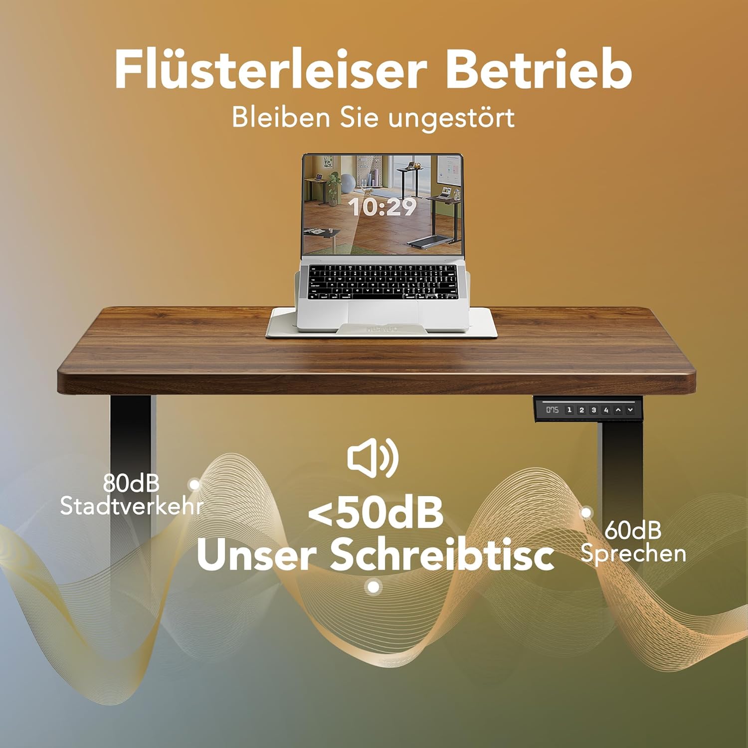 HUANUO Höhenverstellbarer Schreibtisch mit USB-Ladeanschluss 160 x 80 cm, 4 Speicherhöheneinstellungen, elektrischer Schreibtisch für Heimbüro und Computerarbeitsplatz – Bild 5