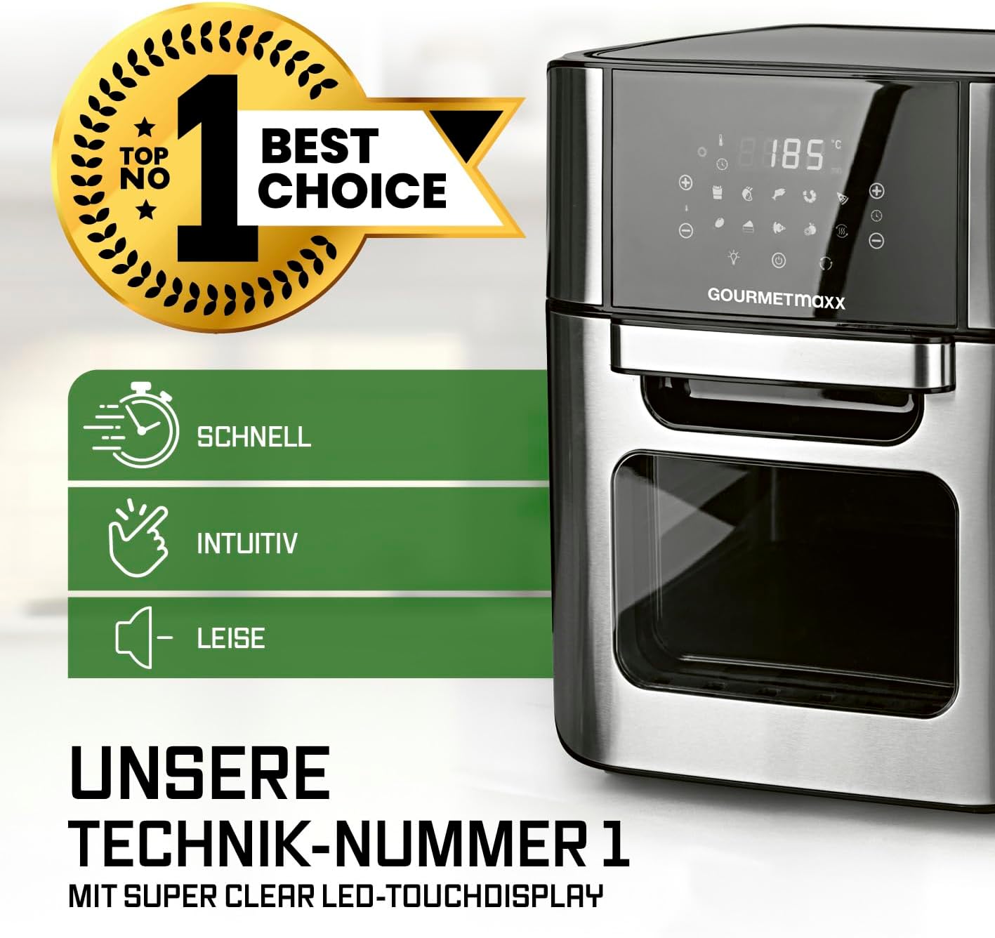 GOURMETmaxx Digitale XXL Heißluftfritteuse 12 Liter | Braten ohne Fett, Zubehör ist spülmaschinenfest | Edelstahldesign, 10 Programme und Timerfunktion (1.800 Watt/Schwarz) – Bild 2