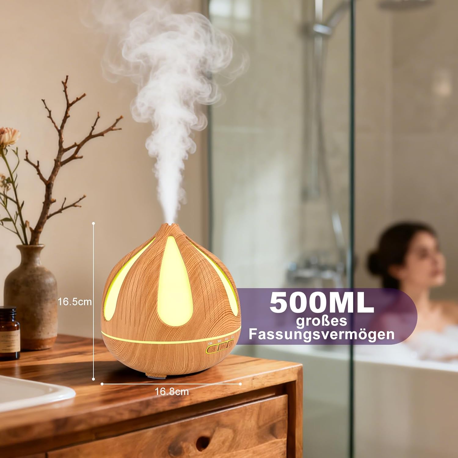 GuKKK Aromadiffusor, 500 ml Ultraschall-Luftbefeuchter mit Fernbedienung, Aromatherapie-Düfte Luftbefeuchter, 7 Farben LED, Fernbedienung mit Timer-Einstellung, für Schlafzimmer, Büro (Helle Holzfarbe) – Bild 7