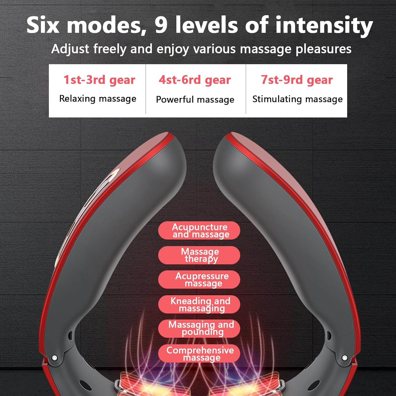 Neurotex Neck, 11-in-1 Nackenlösung, EMS Elektrisches Nackenmassagegerät mit Wärme, elektrische Impulse gegen Schmerzen & Verspannungen, 6 Modi, 9 Intensitätsstufen, für Büro Zuhause (Rot) – Bild 5