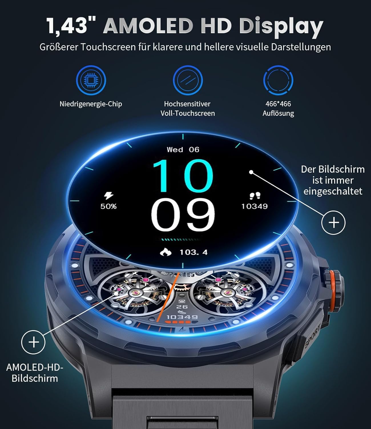 LIGE Military Smartwatch Herren, 1,43 Zoll HD AMOLED Smartwatch mit Telefonfunktion, schwarze Fitnessuhr mit 120+ Sportmodi, Herz-/Schlaf-Tracking, IP68 wasserdichte Sportuhr für iOS/Android – Bild 2