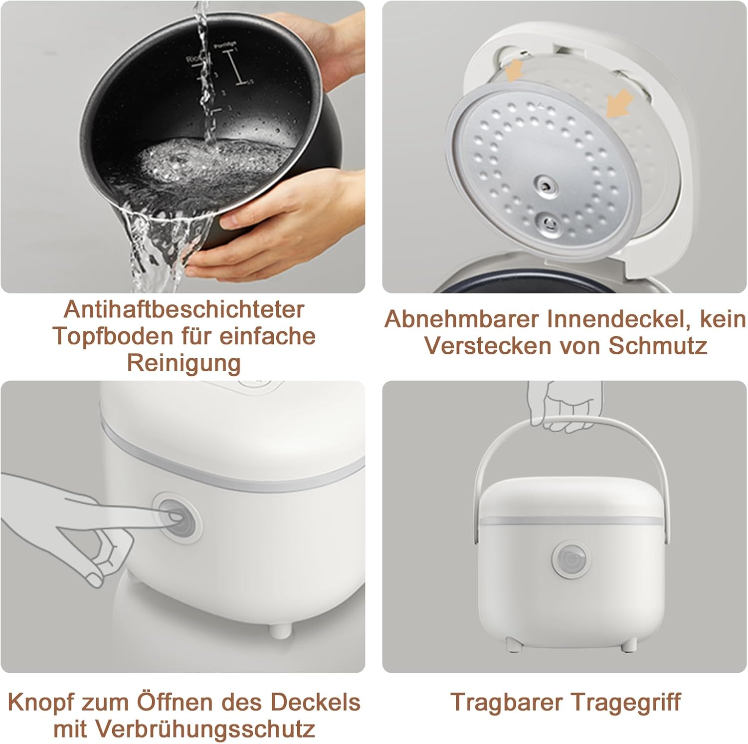 Bear Reiskocher 4 Tassen (ungekocht) mit Dampfgarer, multifunktionaler 350 W elektrischer Reiskocher Mini, 6 Reiskochfunktionen für 2–4 Personen, Weiß – Bild 7