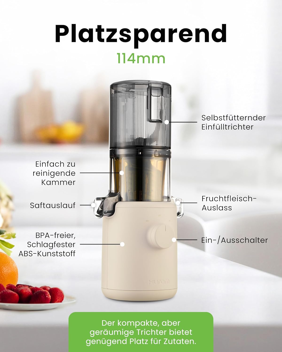 Hurom Slow Juicer | Entsafter für Gemüse und Obst | H310 | Leicht zu reinigender elektrischer Entsafter mit leisem Motor und Siebfilter | 100 Watt | BPA-frei | Schlankes Design | 220 ml, Beige – Bild 7