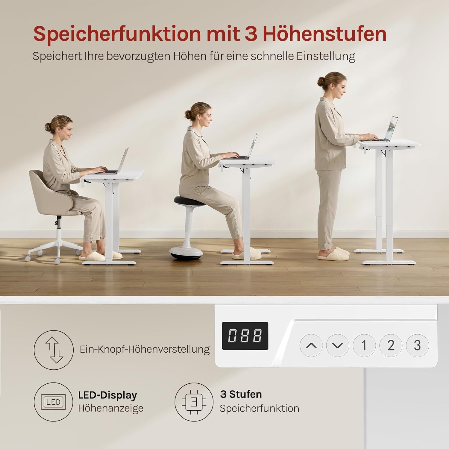 WOLTU Höhenverstellbarer elektrischer Schreibtisch mit Memory-Funktion & Kollisionsschutz, 80 kg Tragkraft, leise, Computertisch für Home Office, Arbeitszimmer, 80 x 48 cm, Weiß – Bild 5