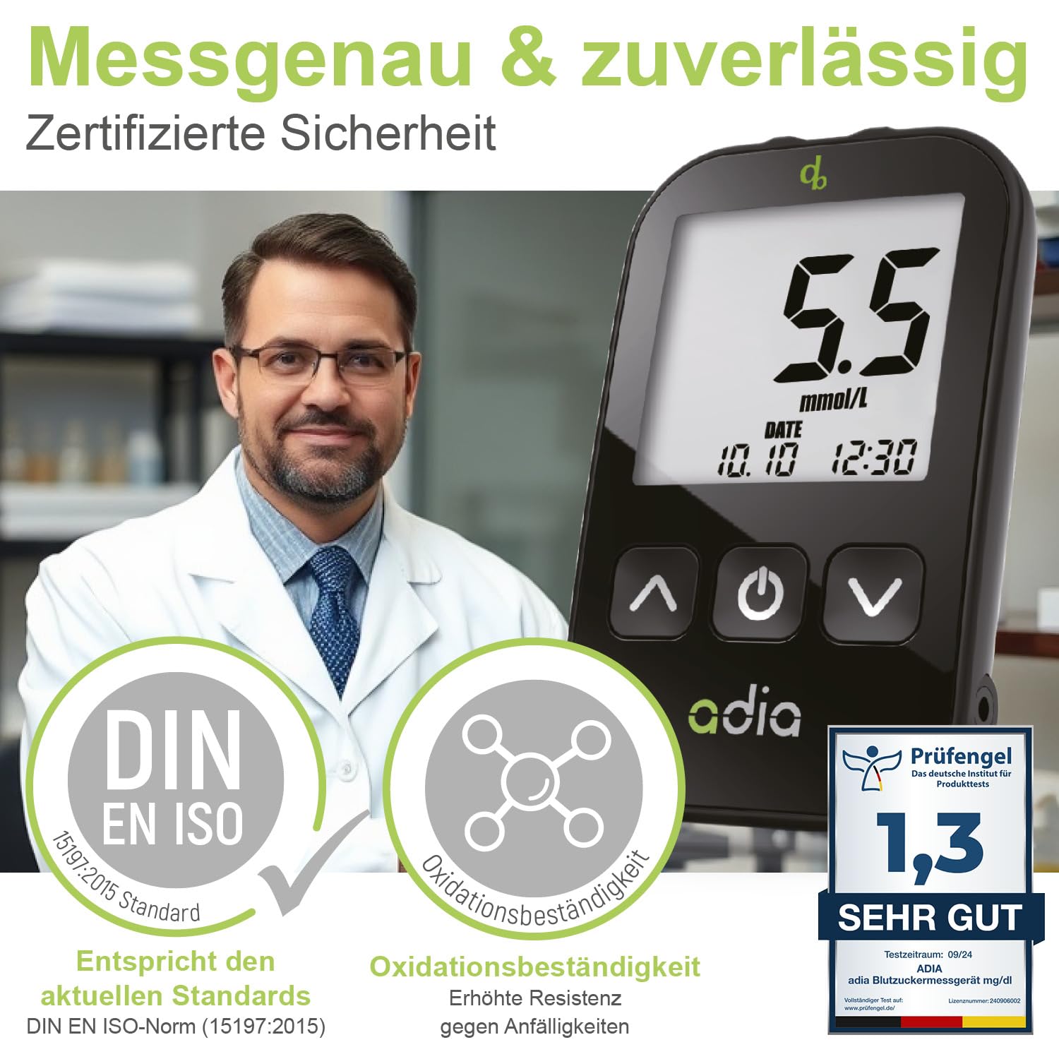 adia Blutzuckermessgerät (mmol/L, internationale Einheit) + 60 Blutzucker-Teststreifen, 10 Lanzetten, Stechhilfe & Koffer – Vorteilsset zur Blutzucker-Selbstkontrolle bei Diabetes – Bild 5