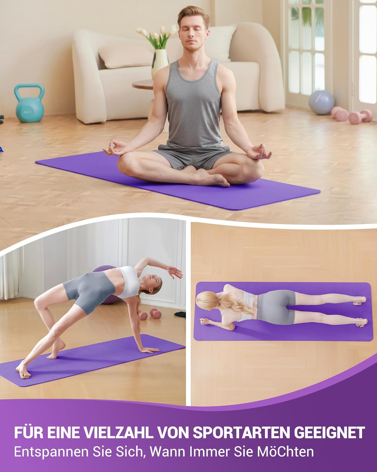 Good Nite Yogamatten für Damen, rutschfeste strukturierte Oberflächen, Gymnastikmatte, 6/10 mm Stärke mit Tragegurt, TPE-Trainingsmatte für Yoga, Pilates, Gymnastik (183 x 61 cm). – Bild 5