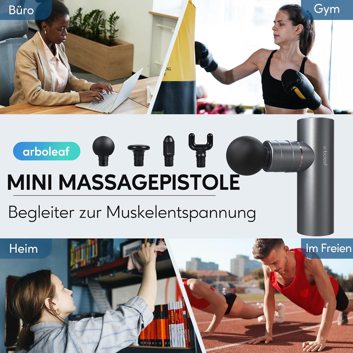 arboleaf Massagepistole, Mini-Massagepistole, 3200 U/min, 0,47 kg, Massagepistole mit AI-Stufen, 4 Aufsätze, leichte Muskelpistole mit Transportkoffer, Muskelpistole zur Muskelentspannung, starker Akku USB-C – Bild 7