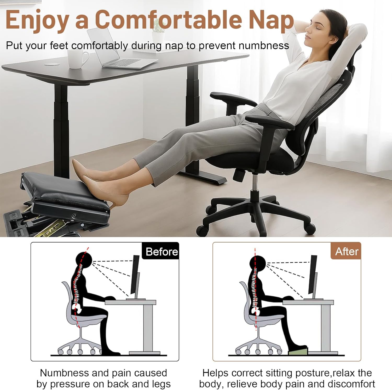 Schreibtisch-Fußstütze, 4 Höhenverstellungen, ergonomische Fußstütze, verstellbar mit abnehmbarem Kissen, rutschfeste Fußstützen für Auto, Schreibtisch, Büro, Zuhause, Reisen, Schwarz – Bild 7