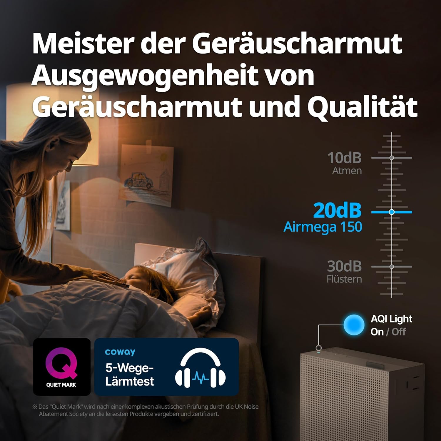 COWAY Luftreiniger für Allergiker, Zuhause, Schlafzimmer, Luftreiniger, ECARF & Quiet Mark, Schlafmodus 20 dB, Vorfilteroberteil abnehmbar und waschbar, Allergiker gegen Rauchpollen bei Haustieren, Airmega 150, Marineblau – Bild 6