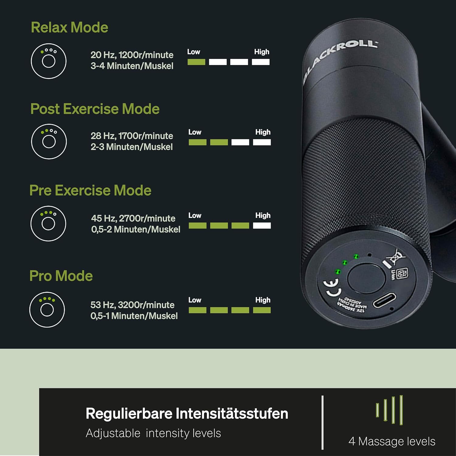 BLACKROLL FASCIA GUN Massagepistole, hochwertige Mini-Massagepistole mit USB C für Muskeln und Faszien, 4 Aufsätze mit 4 einstellbaren Stufen, zur Schmerzlinderung und Entspannung – Bild 2