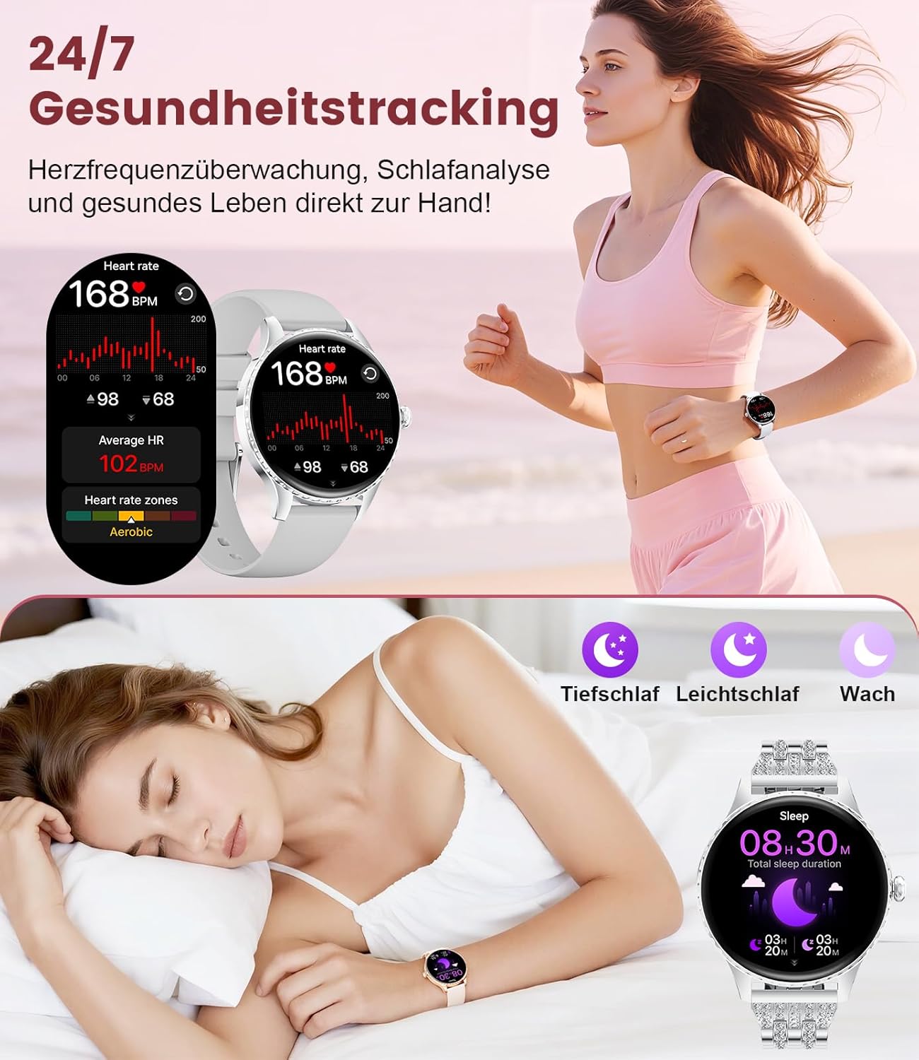 Damen-Smartwatch – luxuriöses Metallarmband mit Strasssteinen/1,32 Zoll HD AMOLED-Display/270+ Zifferblätter, Fitnessuhr mit über 110 Sportmodi, Schlaf-Tracking, Telefonfunktion, Uhr für iOS Android – Bild 5