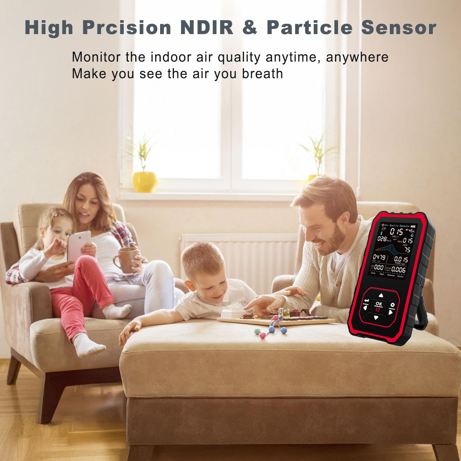 10-in-1-Raumluftqualitätsdetektor, PM-Detektor, CO2-Monitor, mit Temperatur und Luftfeuchtigkeit zum Testen von PM2,5/PM10/HCHO/TVOC/AQI, USB-Aufladung für Heimbüros oder Schulen – Bild 4