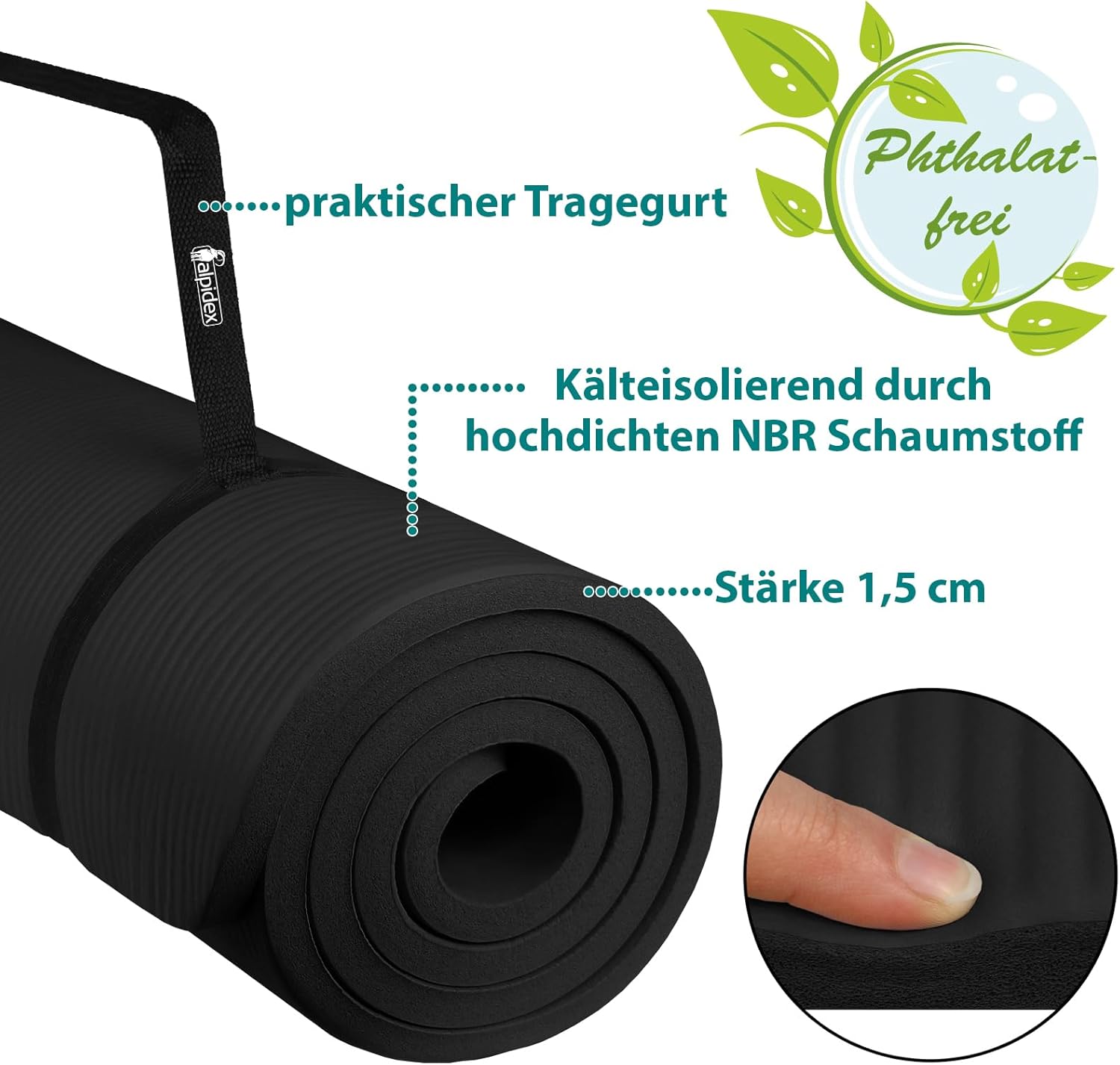 ALPIDEX Yogamatte extra dick 1,5 cm, Gymnastikmatte, 3 Größen, E-Book, rutschfest, phthalatfrei, Fitnessmatte, Gymnastik, Pilates, Sport, Physio, HIIT, Yoga, Trainingsmatte, Schlafmatte – Bild 5