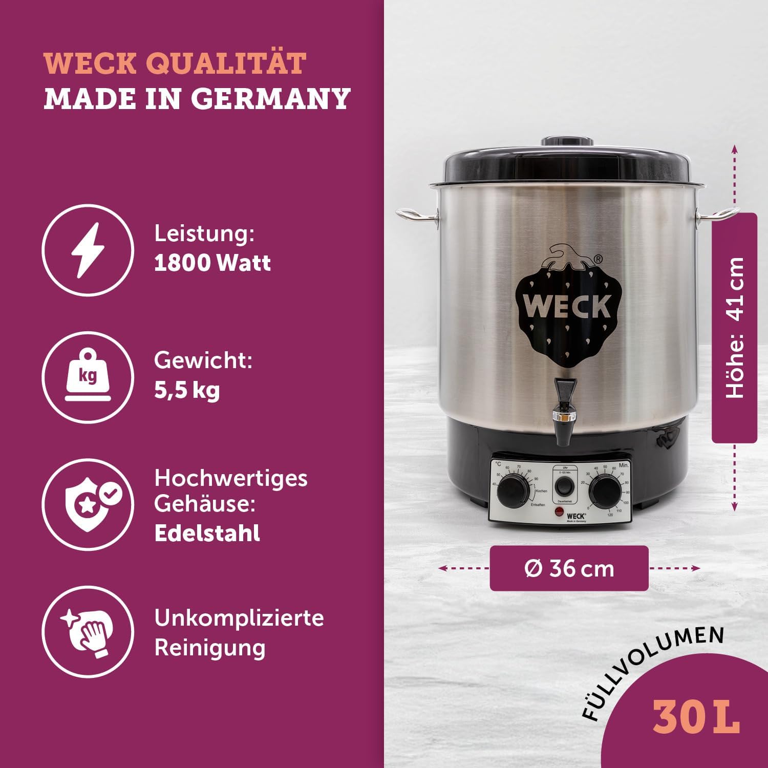 WECK WAT25-A Einkochautomat aus Edelstahl mit Präzisionsthermostat, Auslaufhahn & Timer – 30 L Einkochtopf, Glühweinkocher, Dampfentsafter, Einkochautomat – Made in Germany, hochwertig & vielseitig einsetzbar – Bild 2